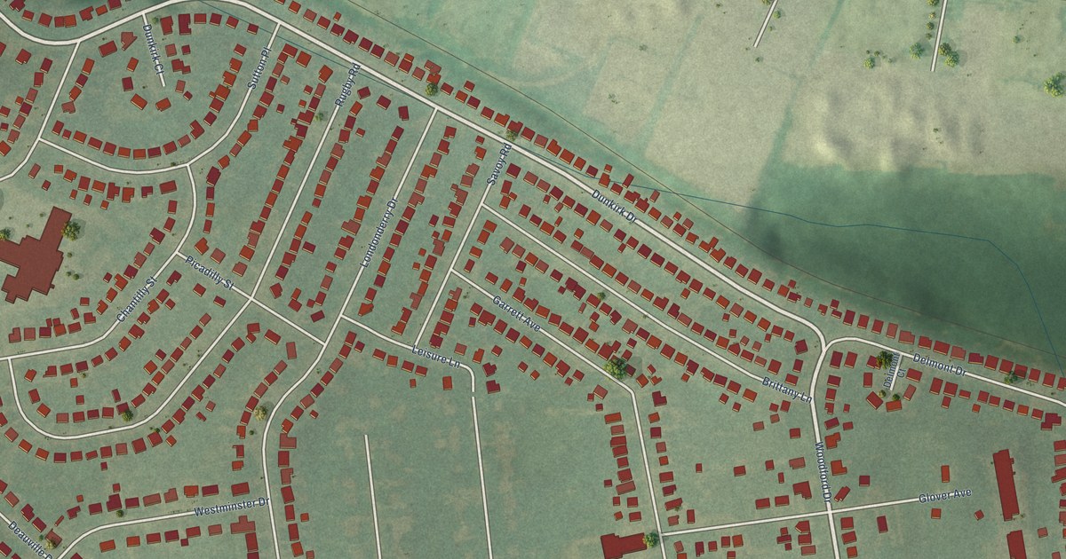 Close-up of streets and buildings in Cardinal Valley, Kentucky