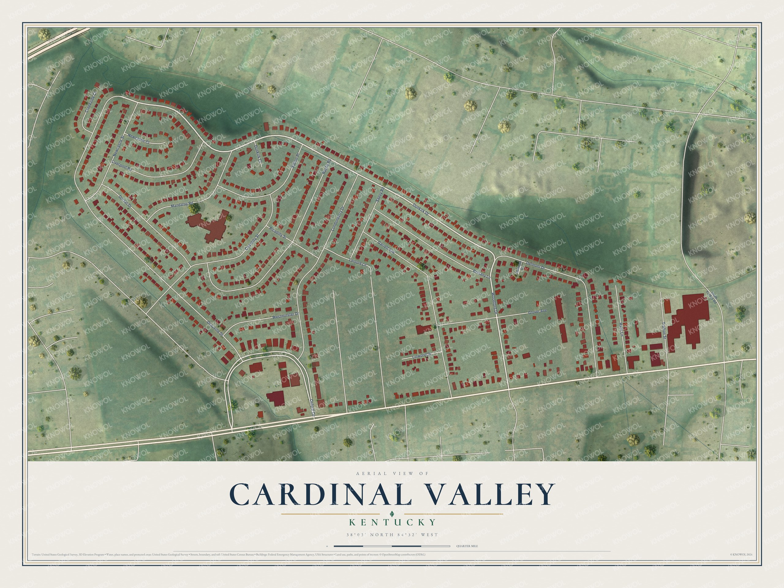Full map of Cardinal Valley, Kentucky, with red buildings, printed street names and the land around them