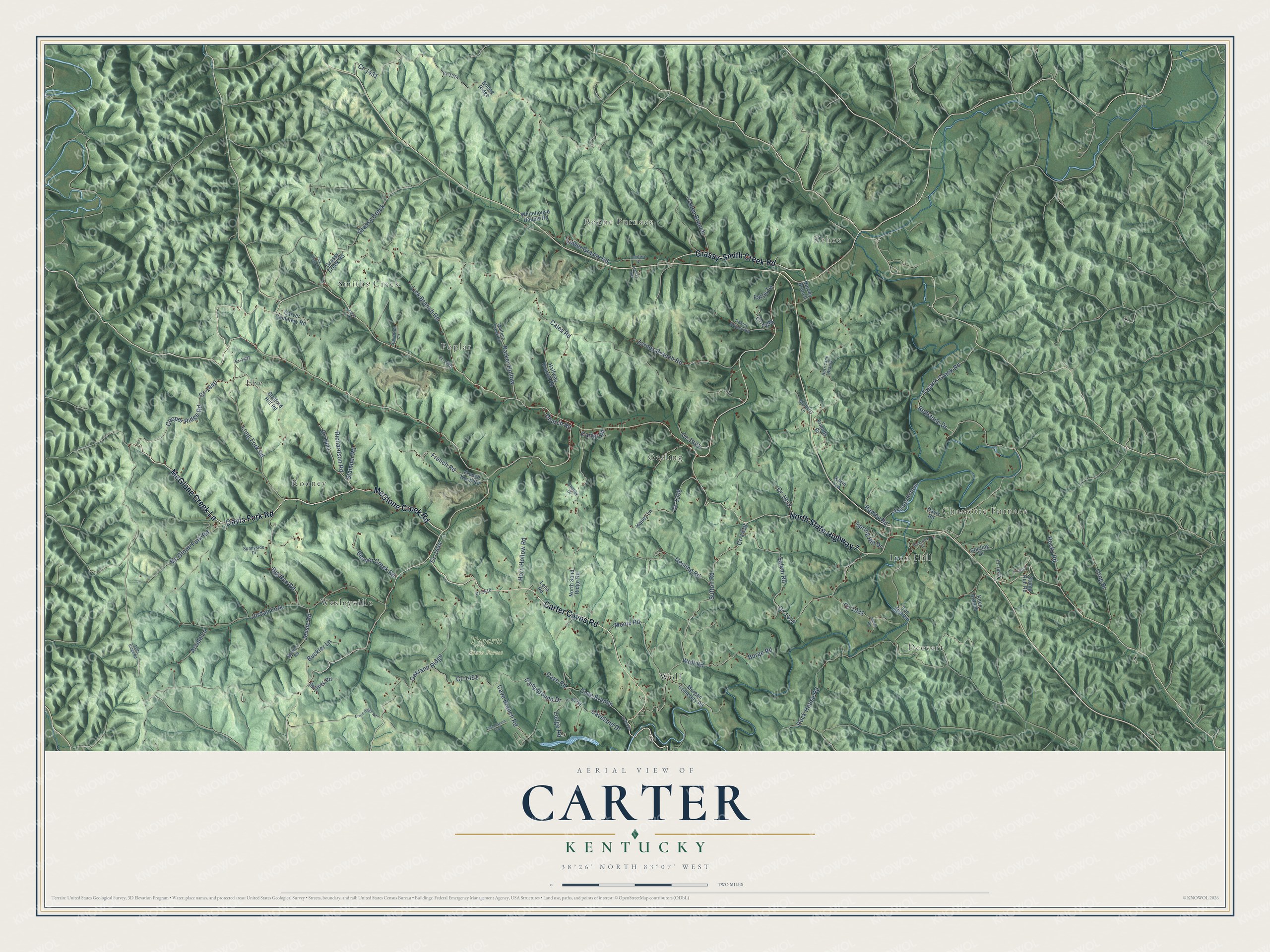 Full map of Carter, Kentucky, with red buildings, printed street names and the land around them