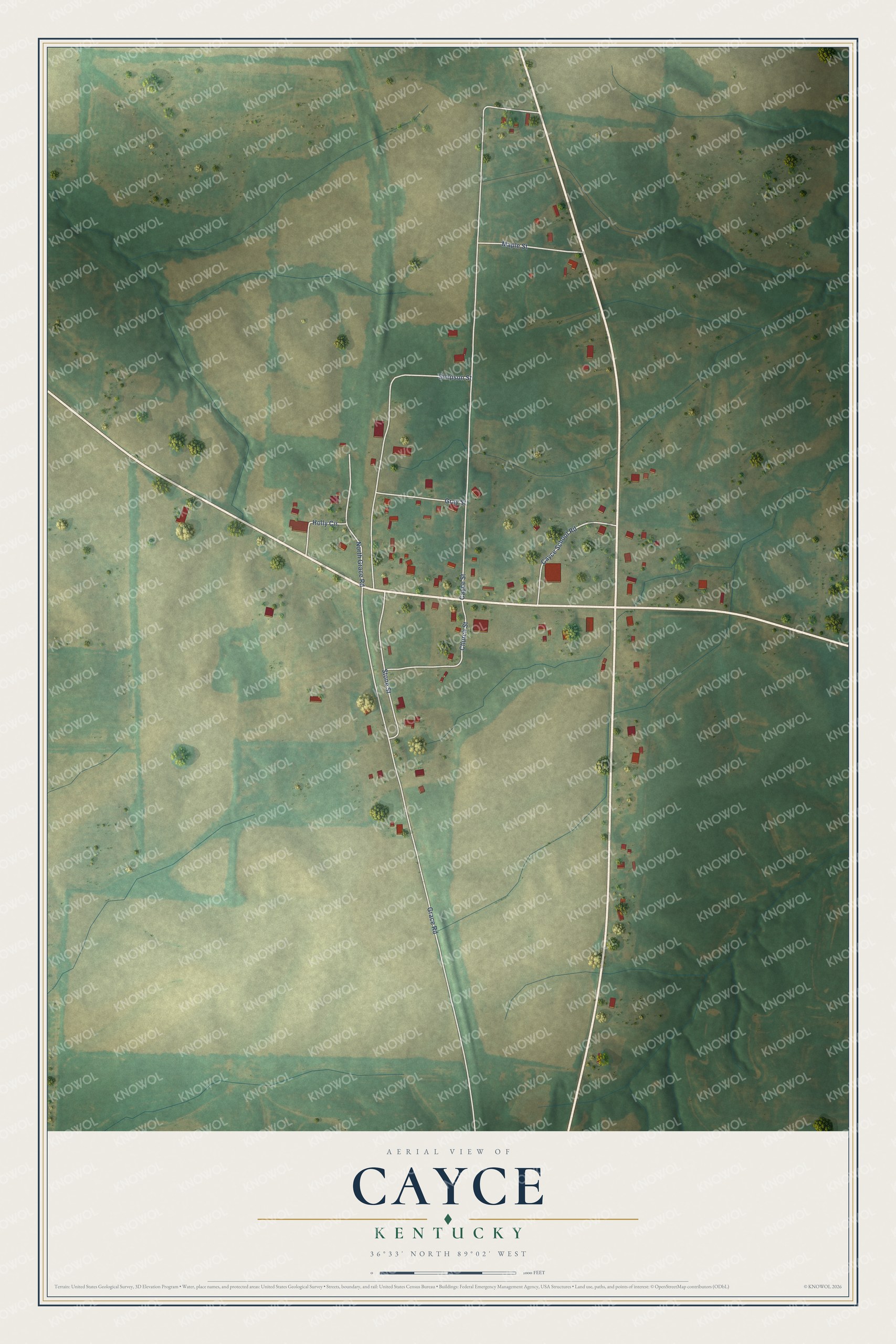 Full map of Cayce, Kentucky, with red buildings, printed street names and the land around them
