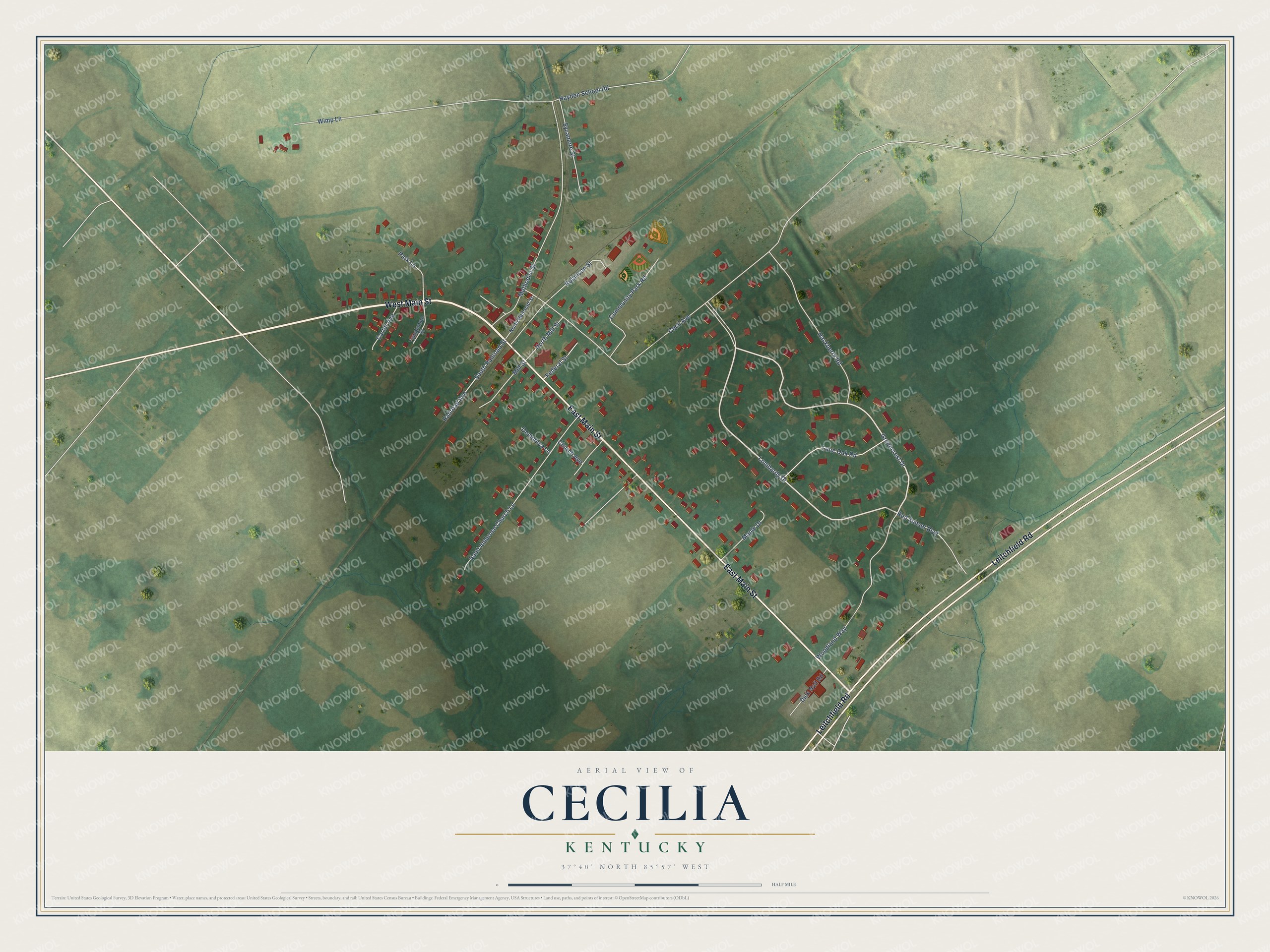Full map of Cecilia, Kentucky, with red buildings, printed street names and the land around them