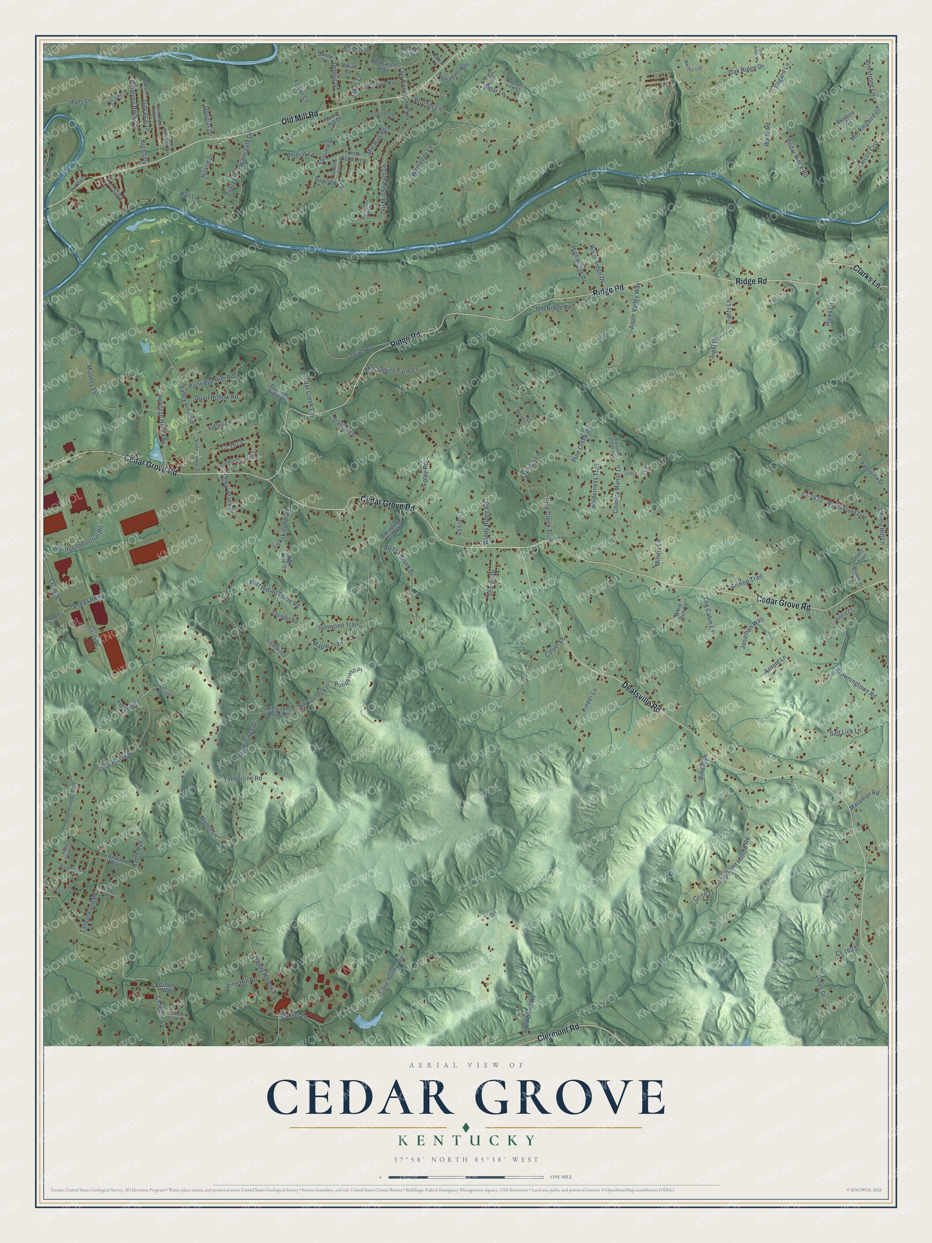 Full map of Cedar Grove, Kentucky, with red buildings, printed street names and the land around them