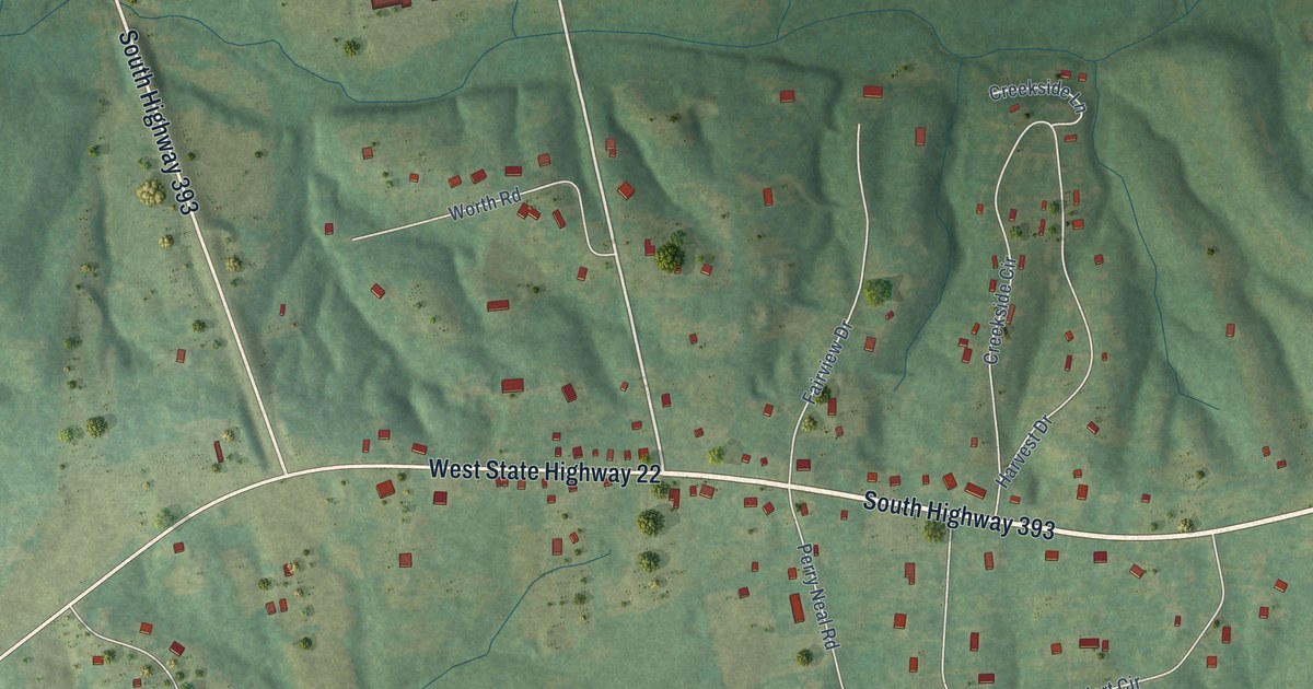 Close-up of streets and buildings in Centerfield, Kentucky