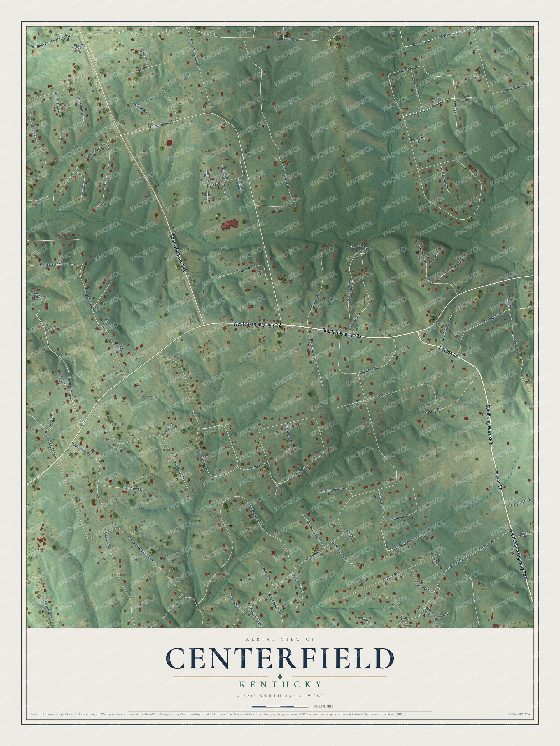 Full map of Centerfield, Kentucky, with red buildings, printed street names and the land around them