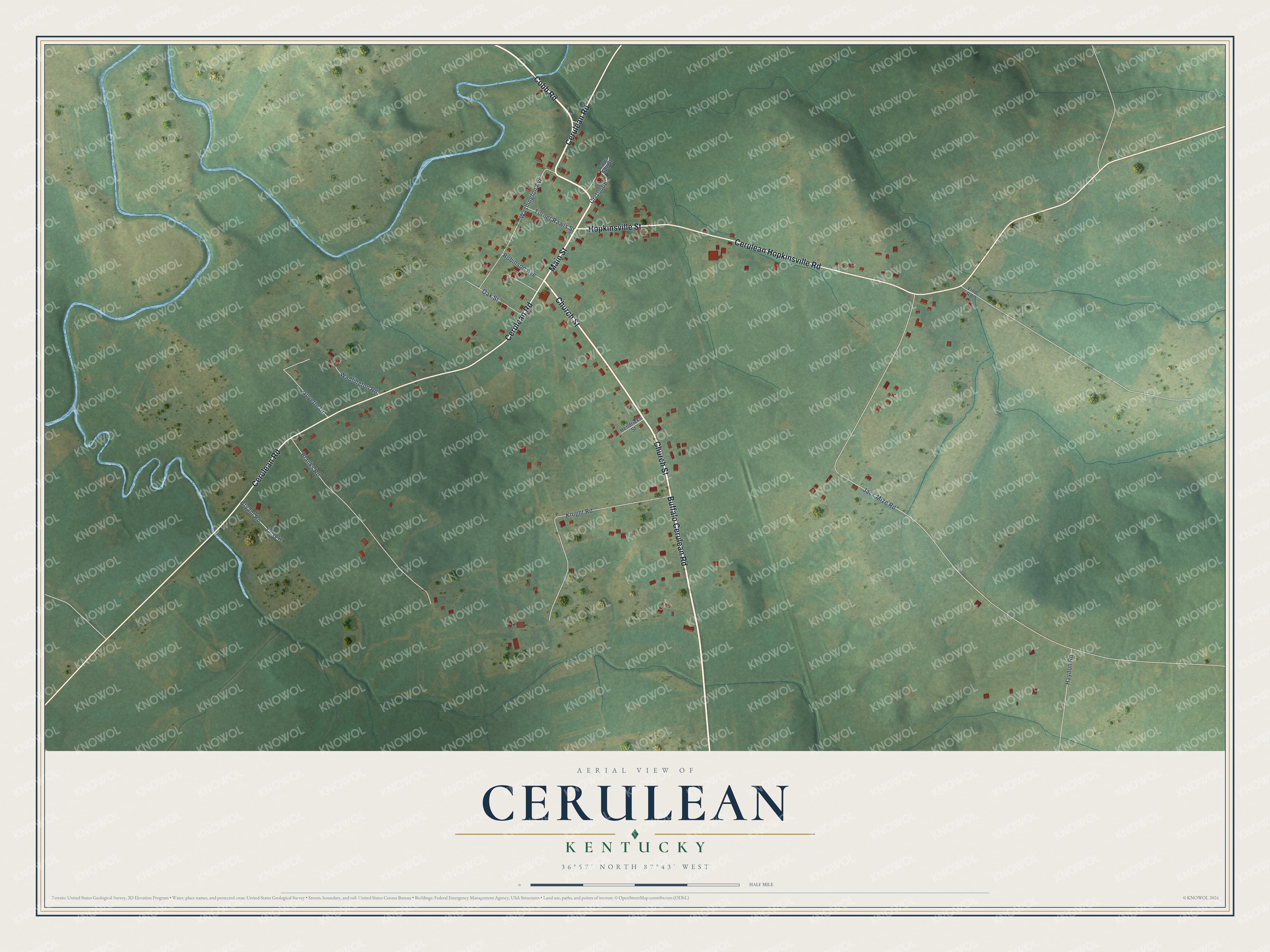Full map of Cerulean, Kentucky, with red buildings, printed street names and the land around them