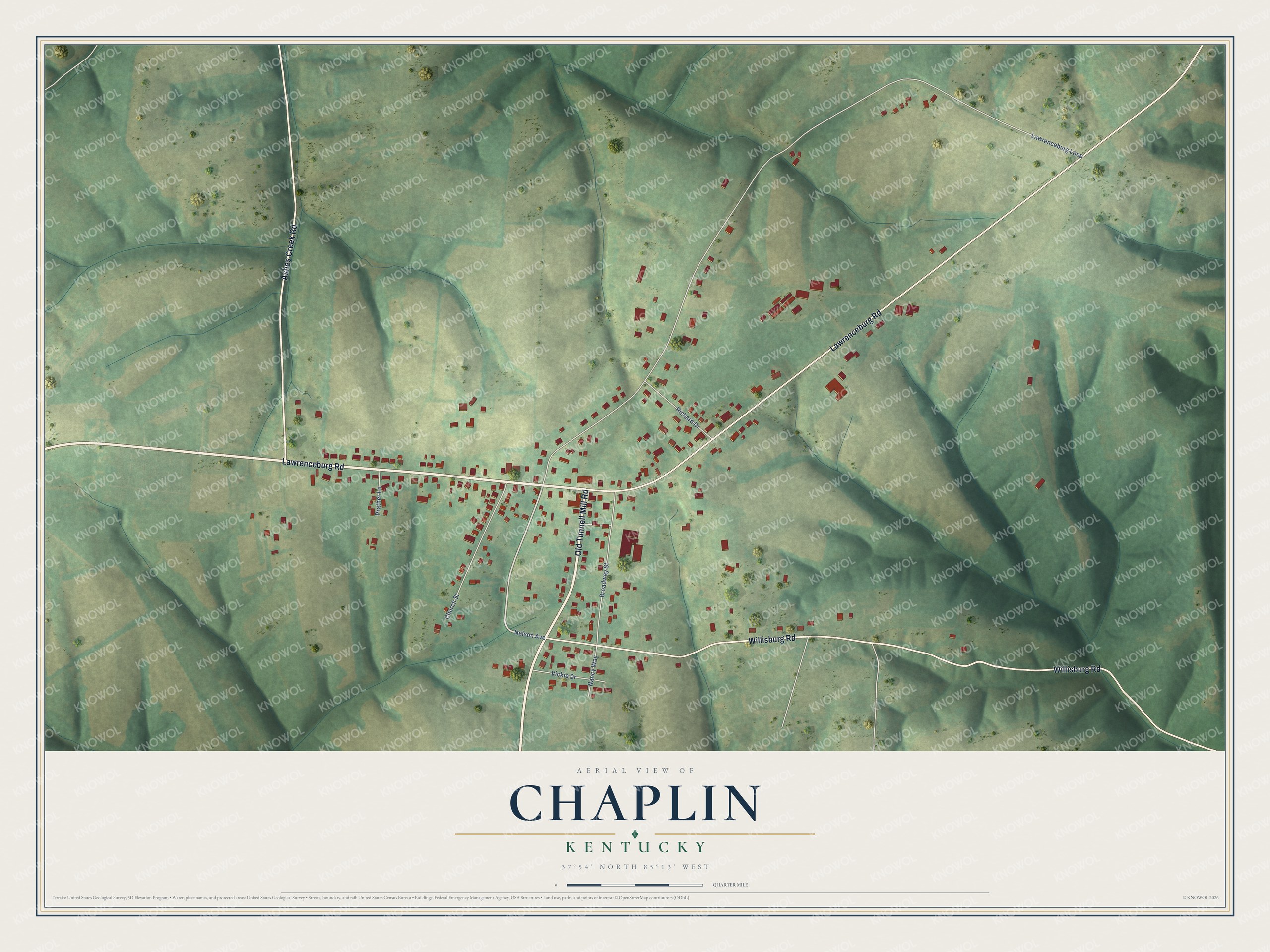 Full map of Chaplin, Kentucky, with red buildings, printed street names and the land around them