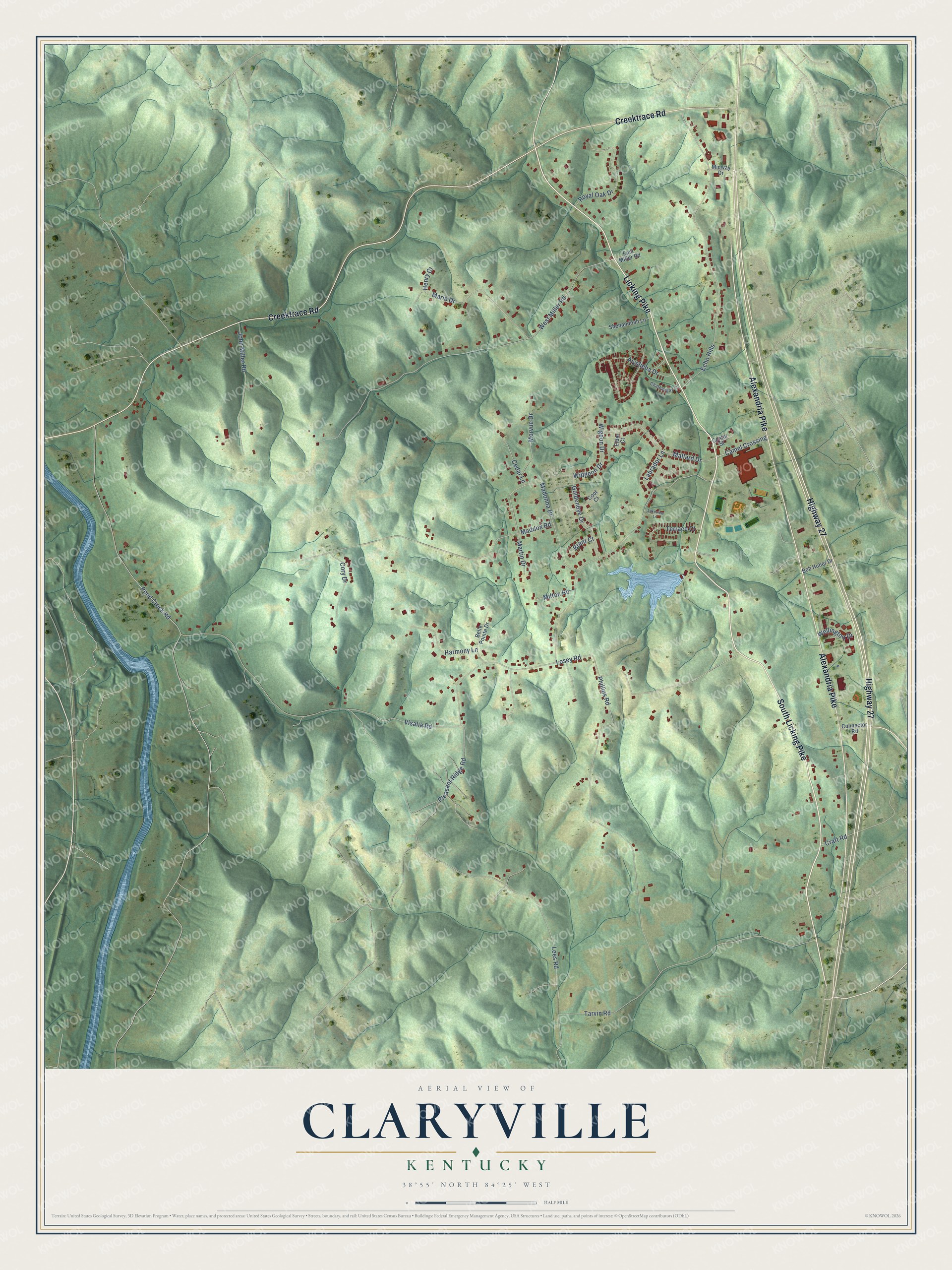 Full map of Claryville, Kentucky, with red buildings, printed street names and the land around them