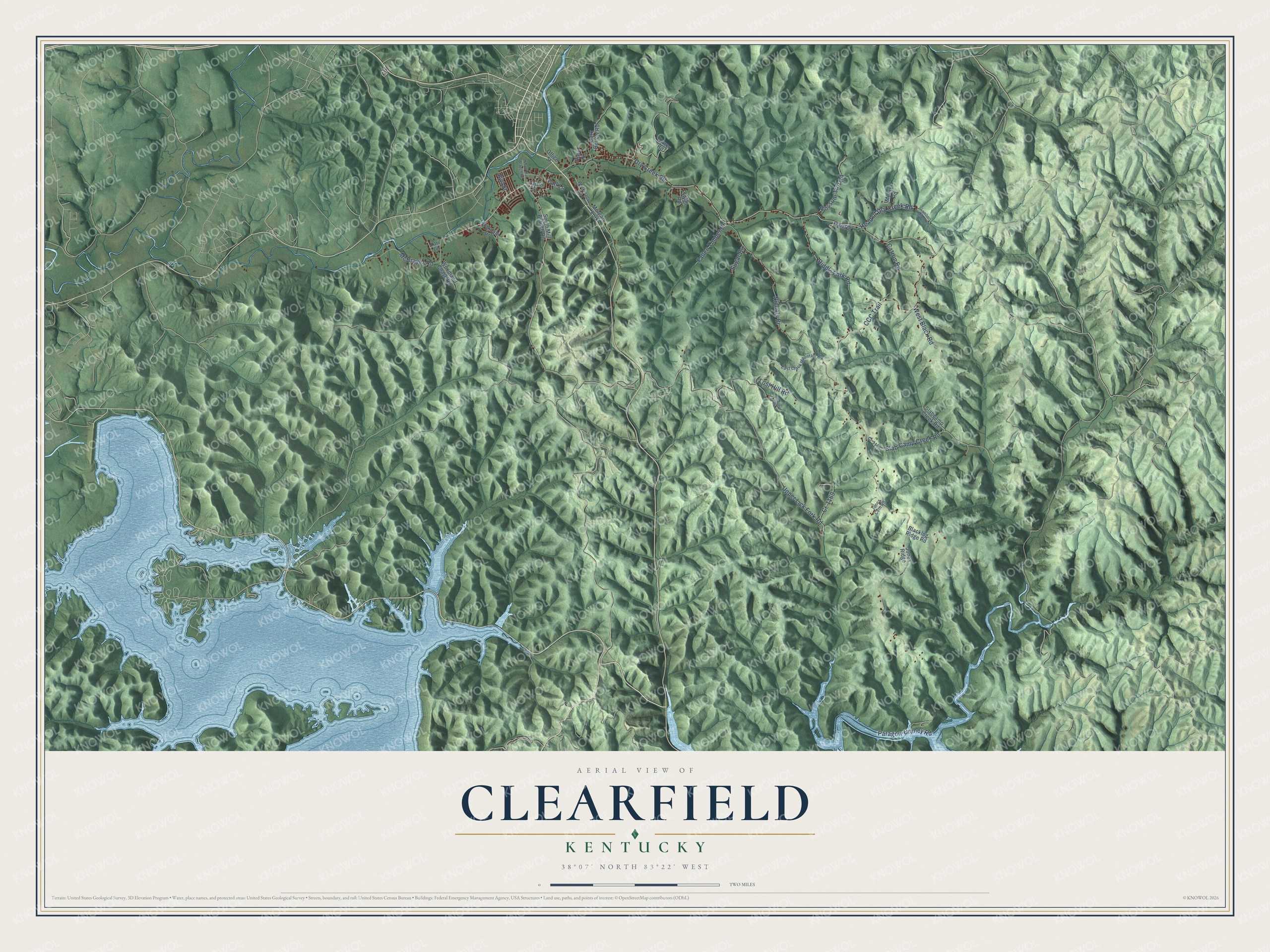 Full map of Clearfield, Kentucky, with red buildings, printed street names and the land around them