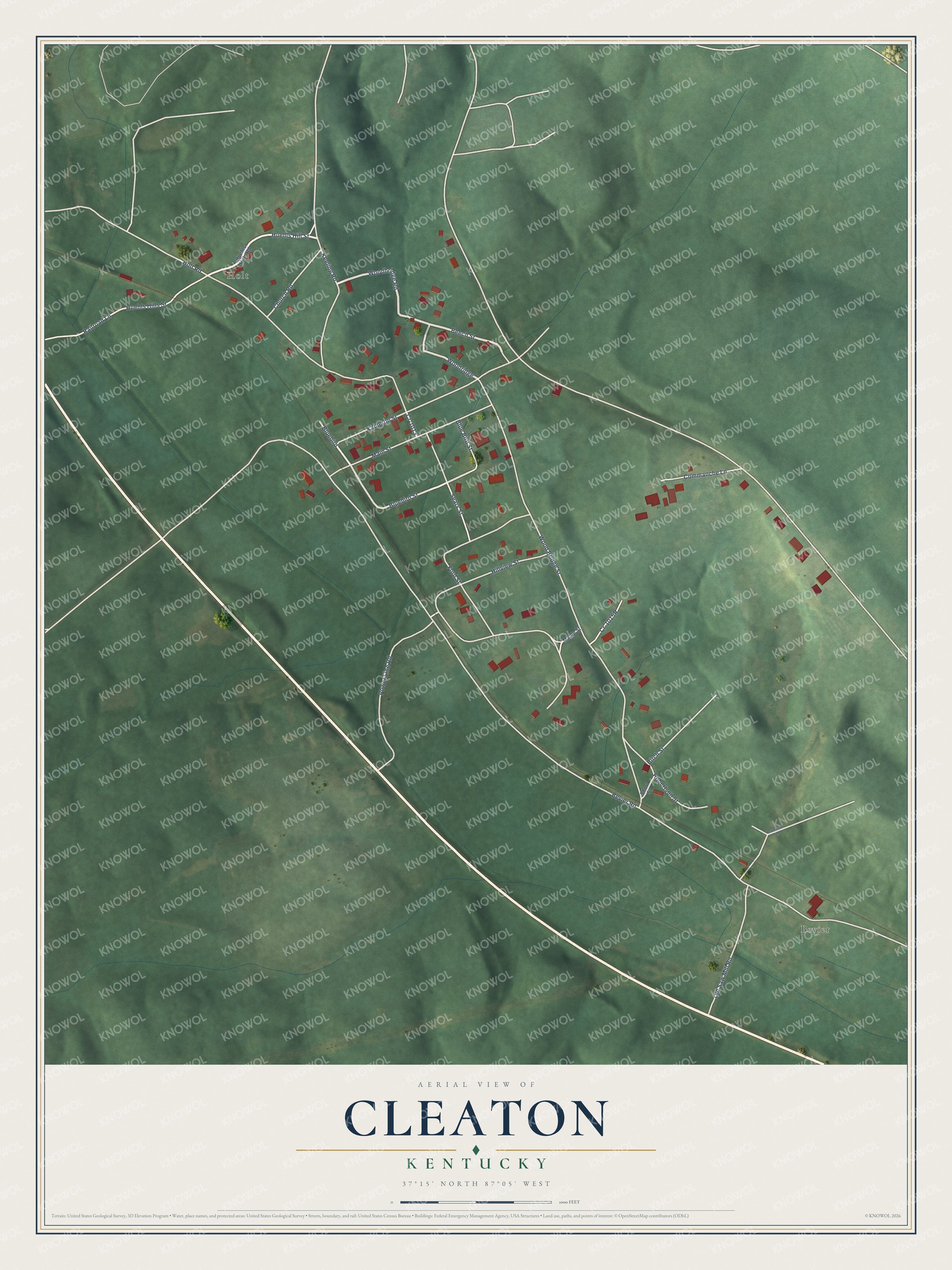 Full map of Cleaton, Kentucky, with red buildings, printed street names and the land around them