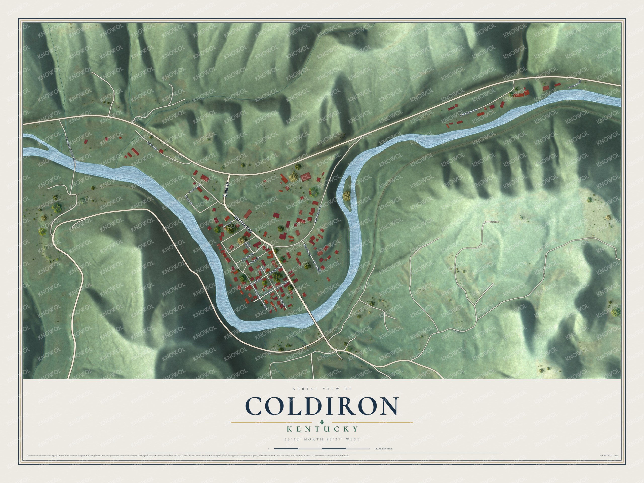 Full map of Coldiron, Kentucky, with red buildings, printed street names and the land around them