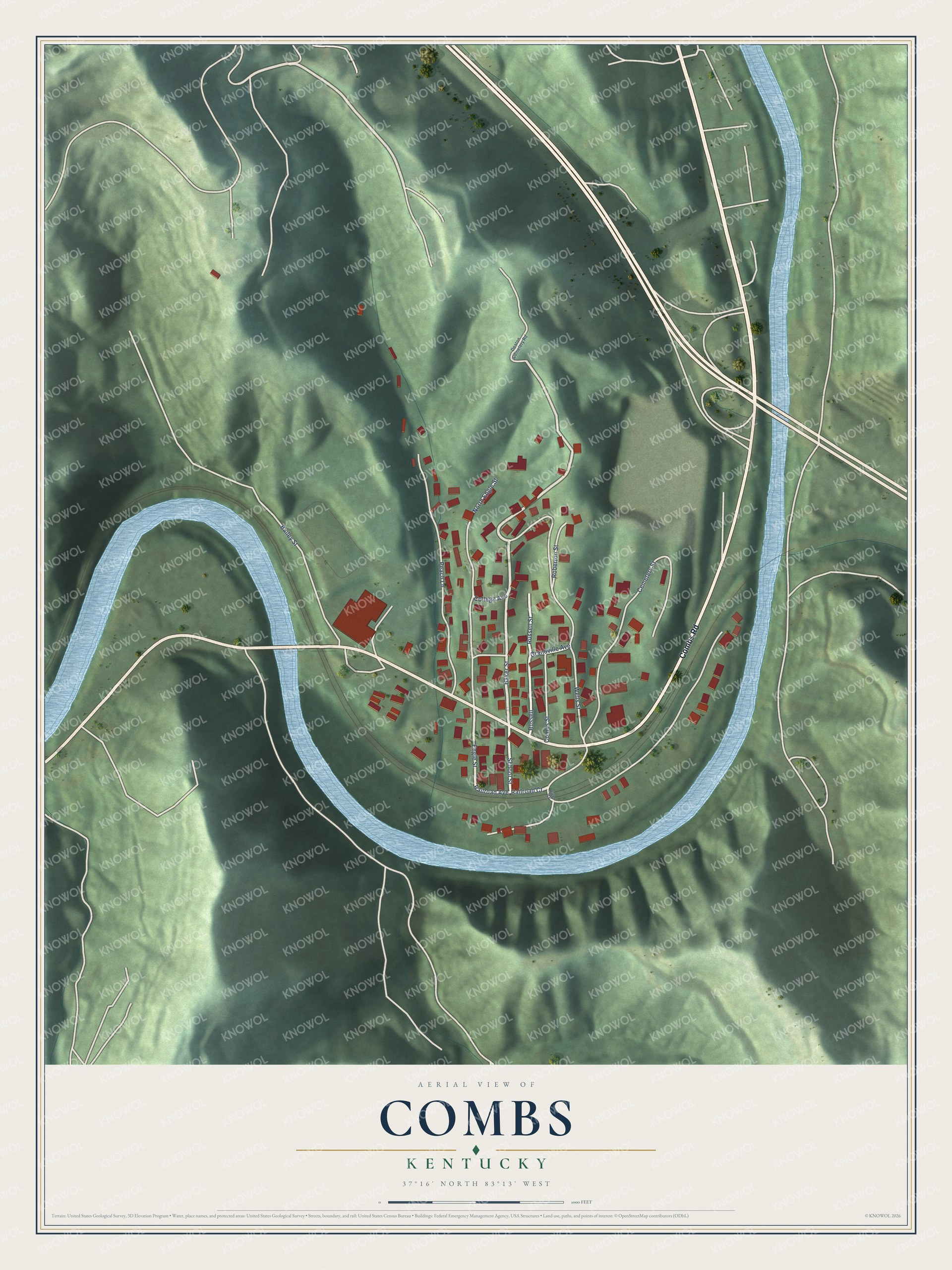 Full map of Combs, Kentucky, with red buildings, printed street names and the land around them
