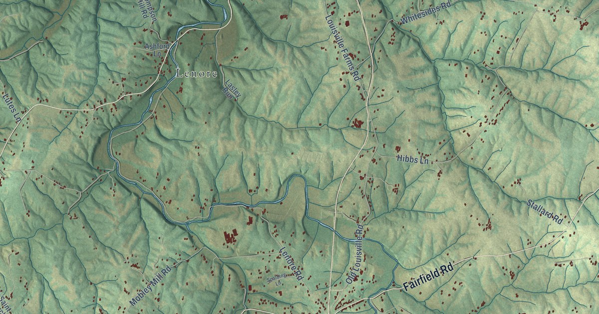 Close-up of streets and buildings in Coxs Creek, Kentucky