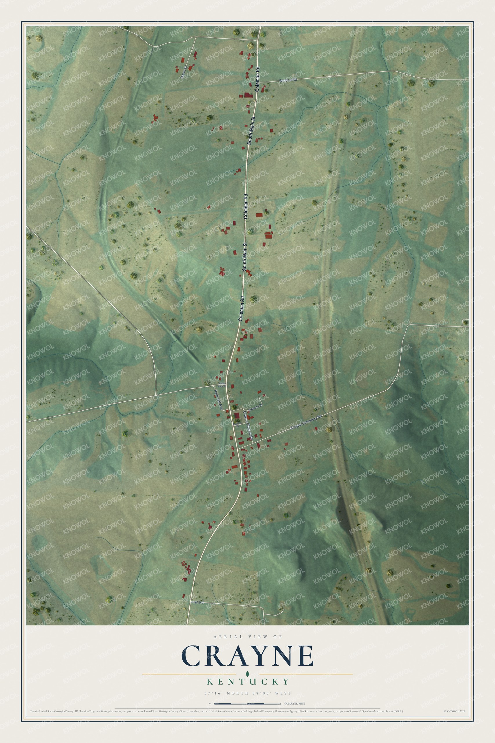 Full map of Crayne, Kentucky, with red buildings, printed street names and the land around them