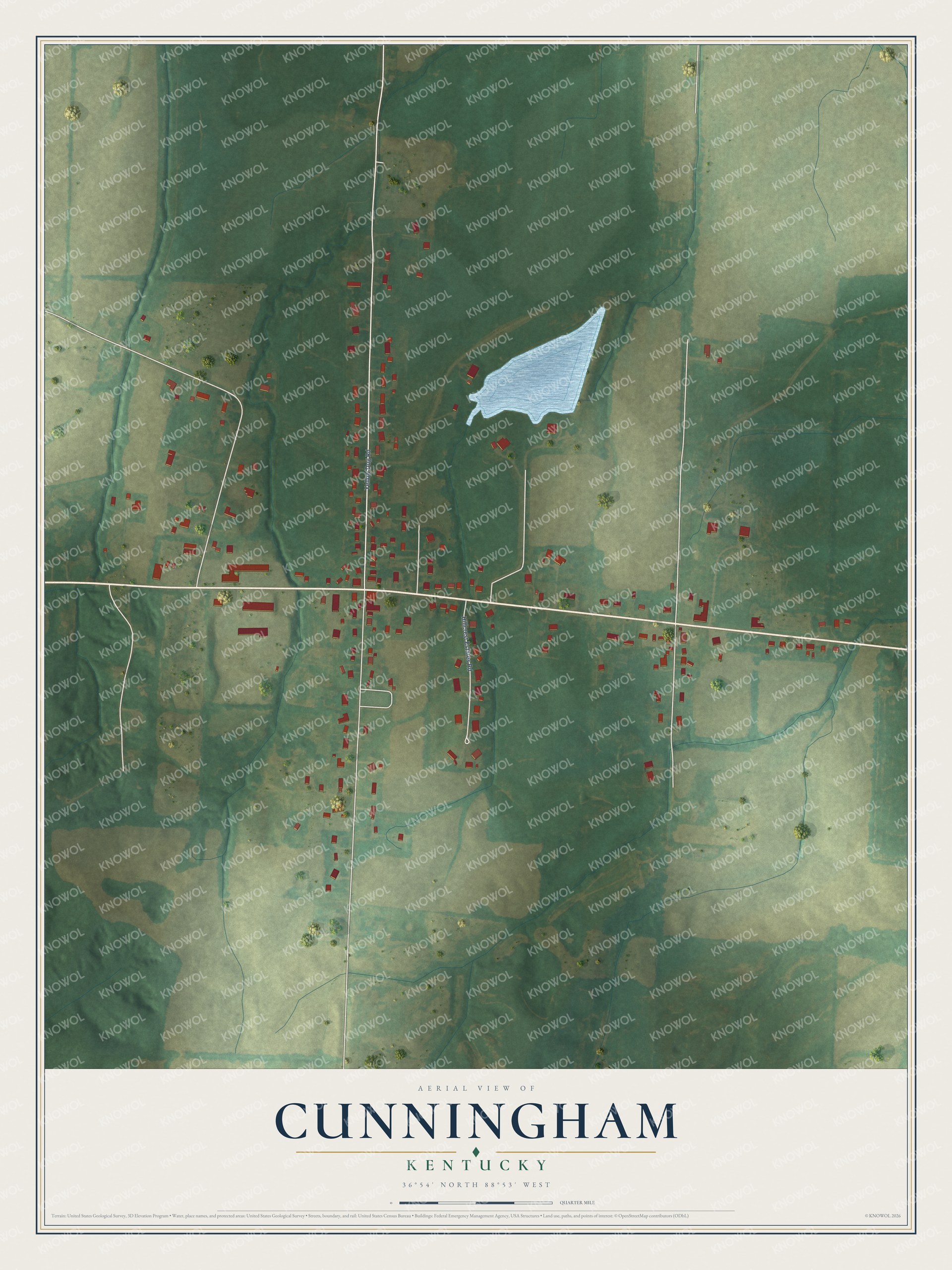 Full map of Cunningham, Kentucky, with red buildings, printed street names and the land around them