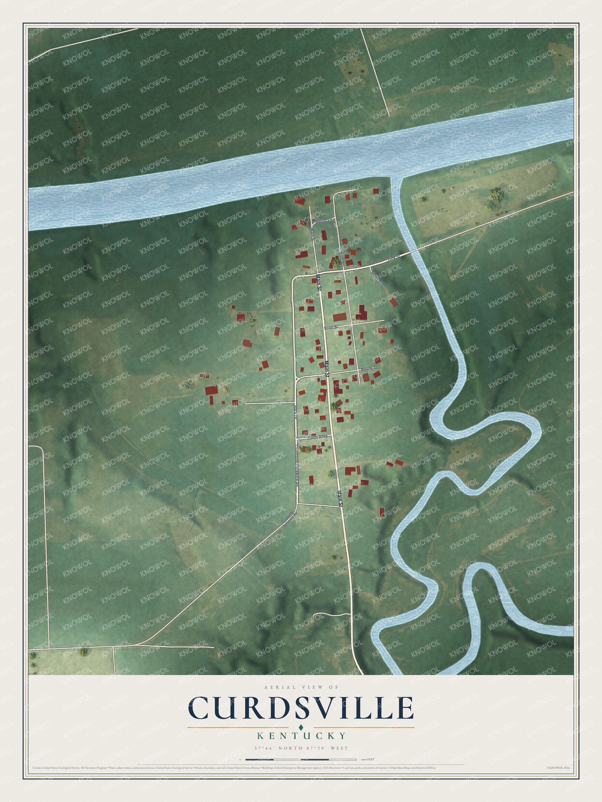 Full map of Curdsville, Kentucky, with red buildings, printed street names and the land around them