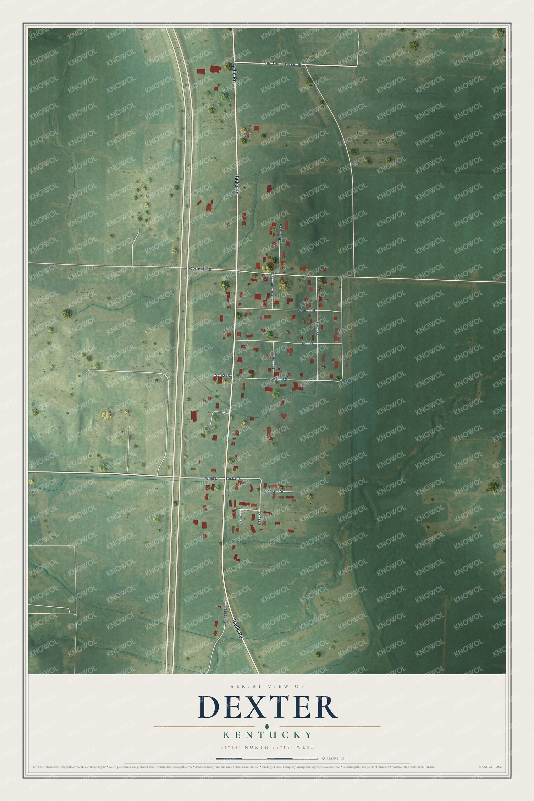 Full map of Dexter, Kentucky, with red buildings, printed street names and the land around them