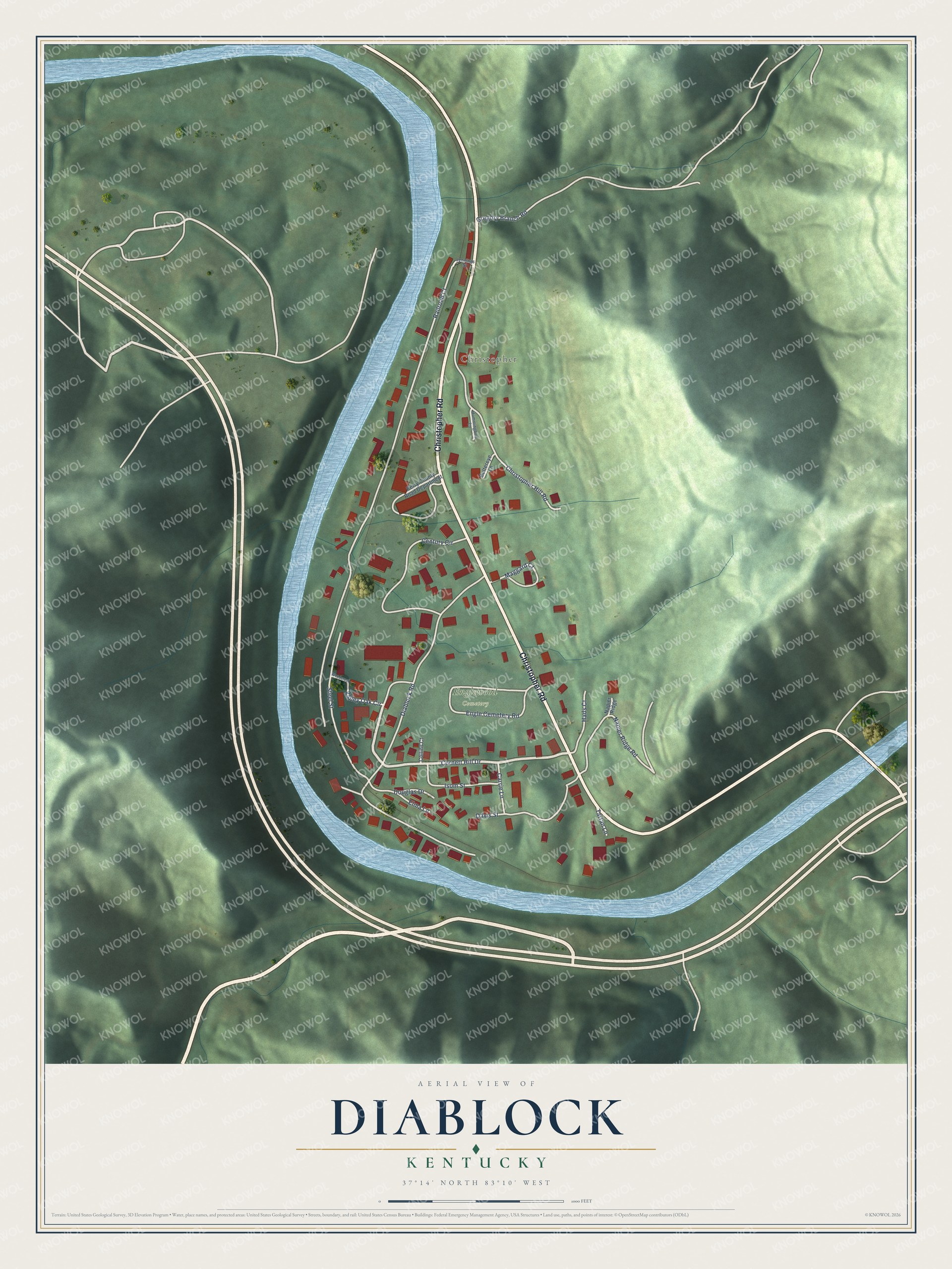 Full map of Diablock, Kentucky, with red buildings, printed street names and the land around them