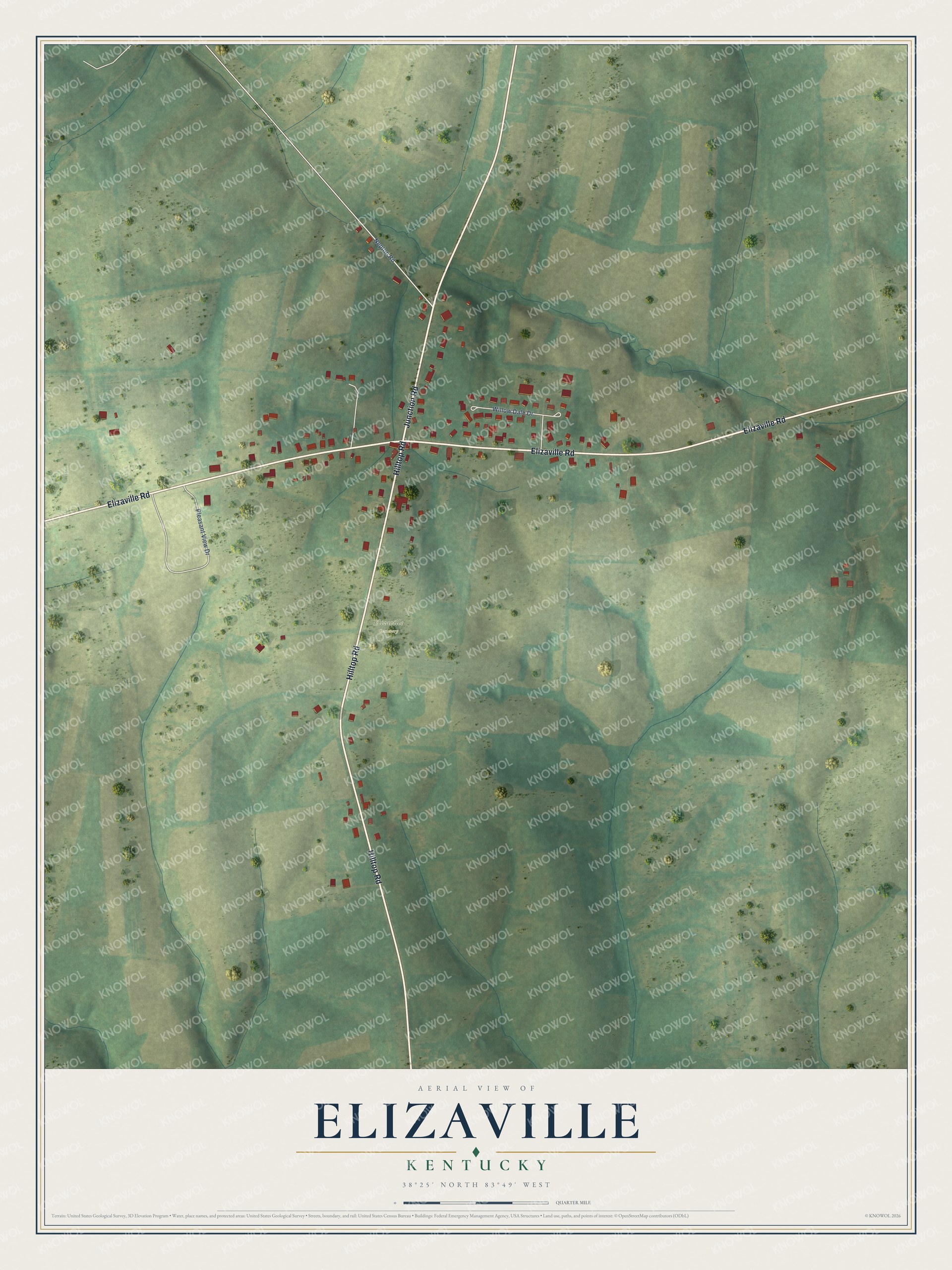 Full map of Elizaville, Kentucky, with red buildings, printed street names and the land around them