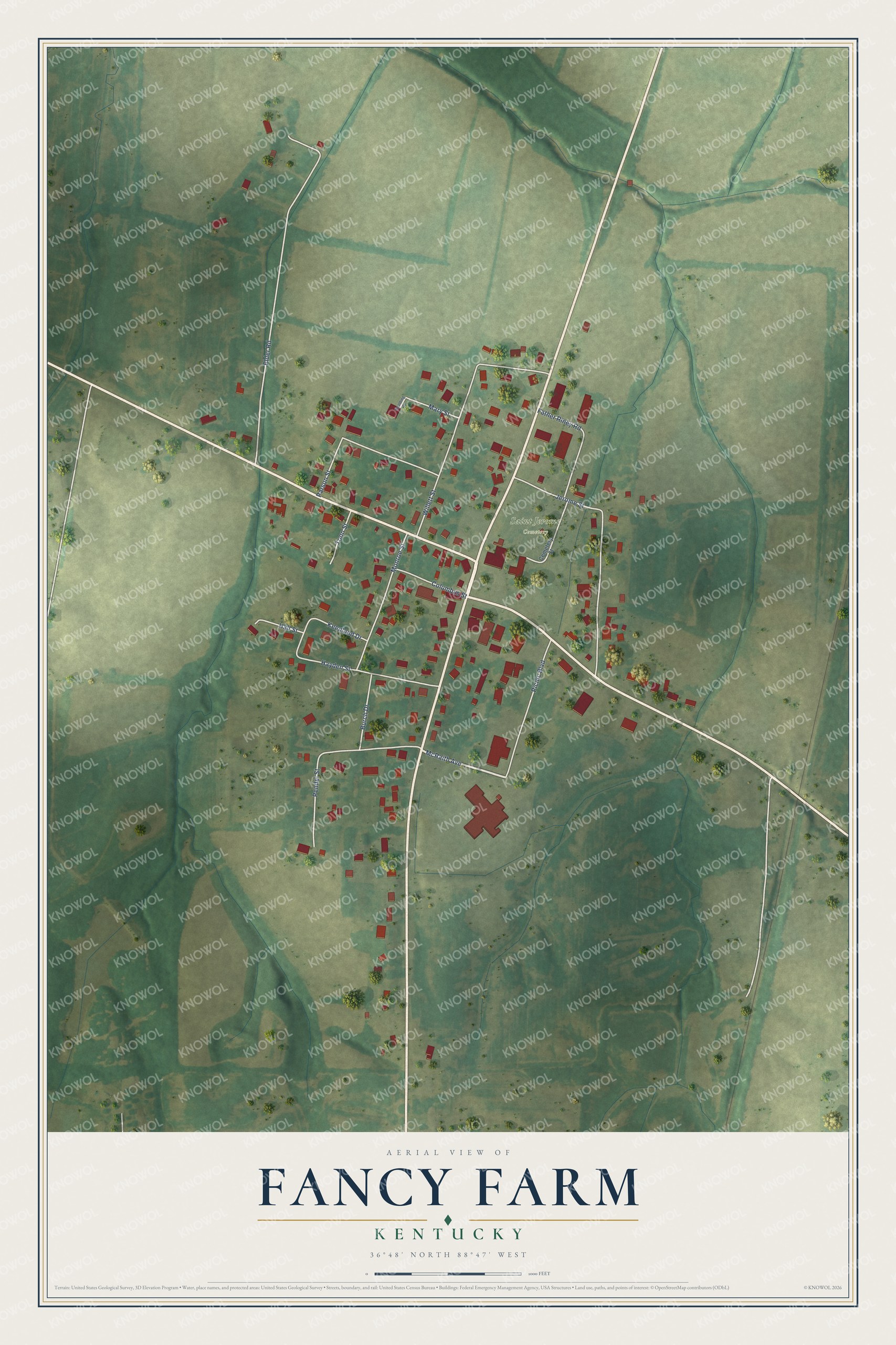 Full map of Fancy Farm, Kentucky, with red buildings, printed street names and the land around them
