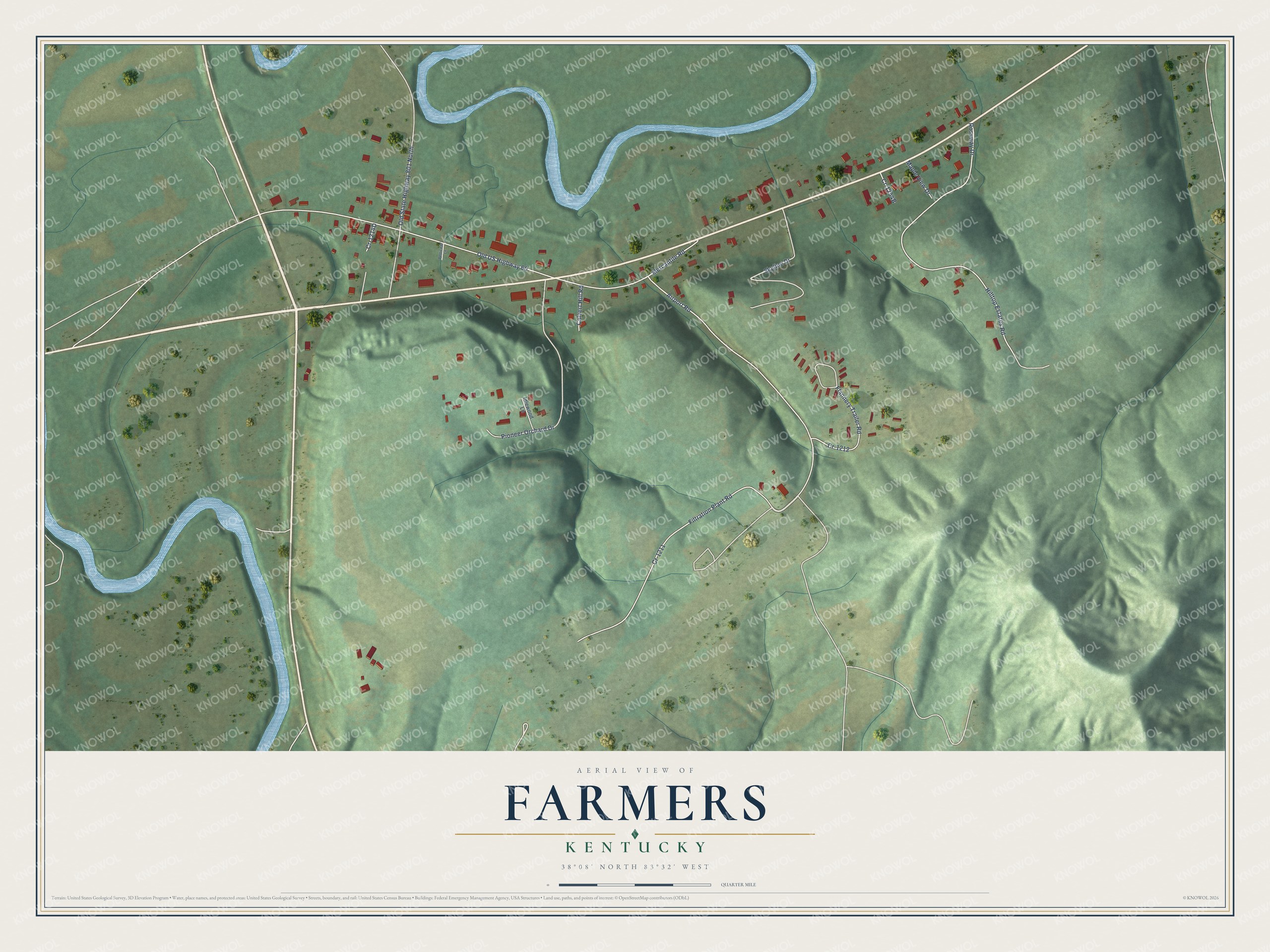Full map of Farmers, Kentucky, with red buildings, printed street names and the land around them