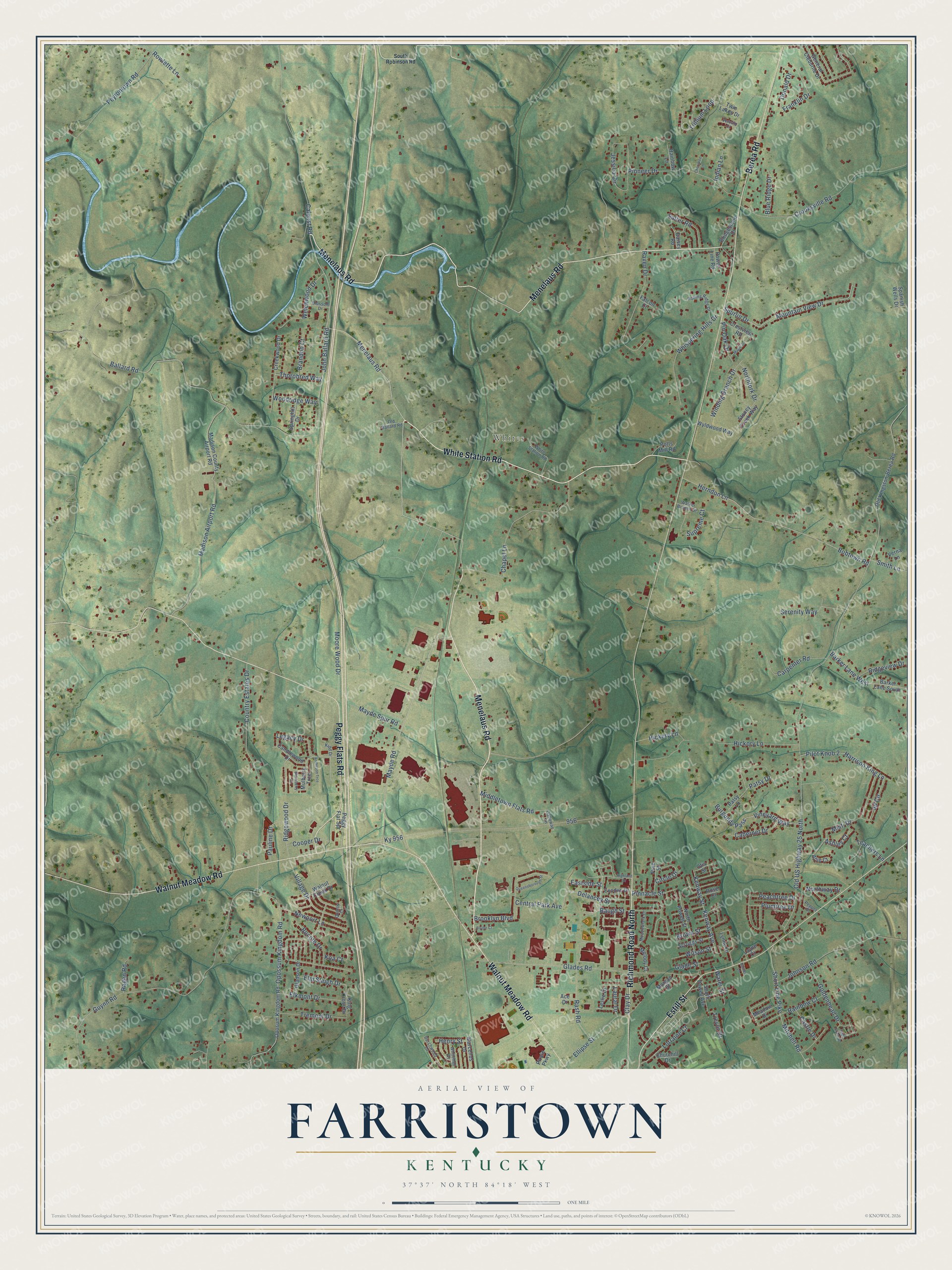 Full map of Farristown, Kentucky, with red buildings, printed street names and the land around them