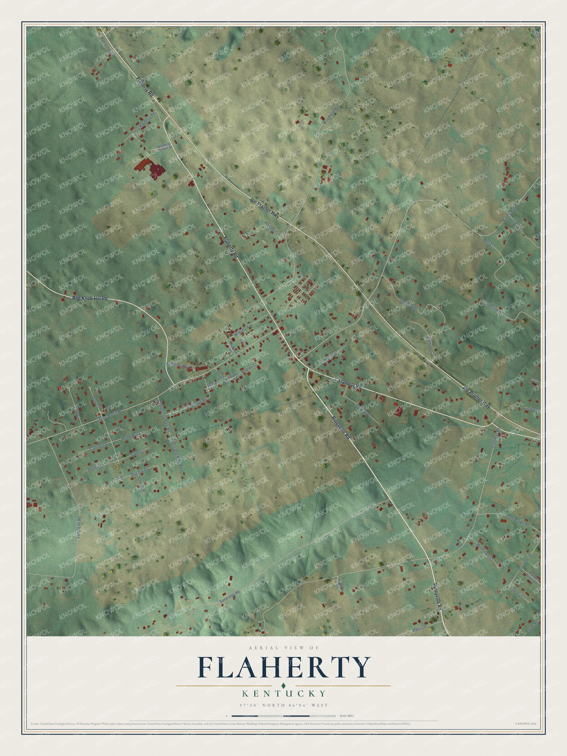 Full map of Flaherty, Kentucky, with red buildings, printed street names and the land around them