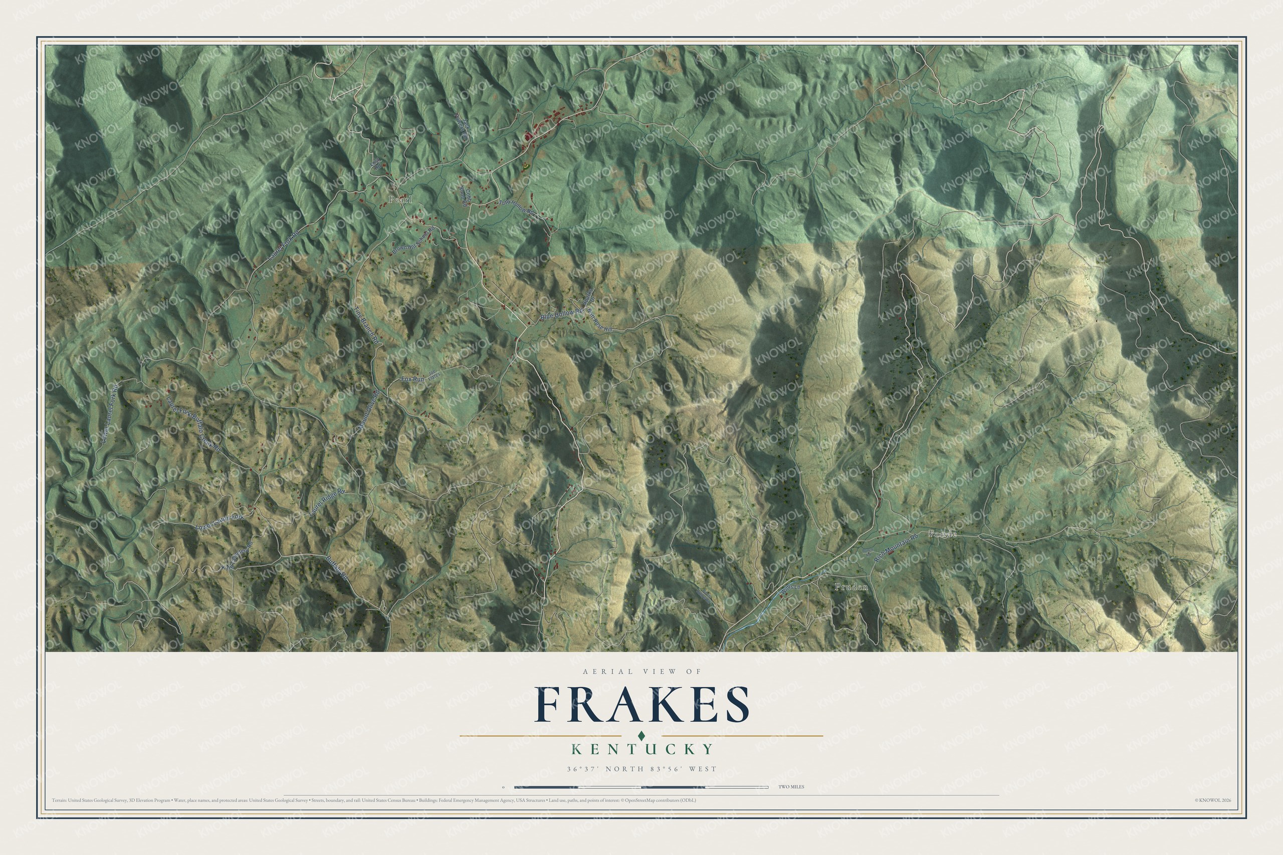 Full map of Frakes, Kentucky, with red buildings, printed street names and the land around them