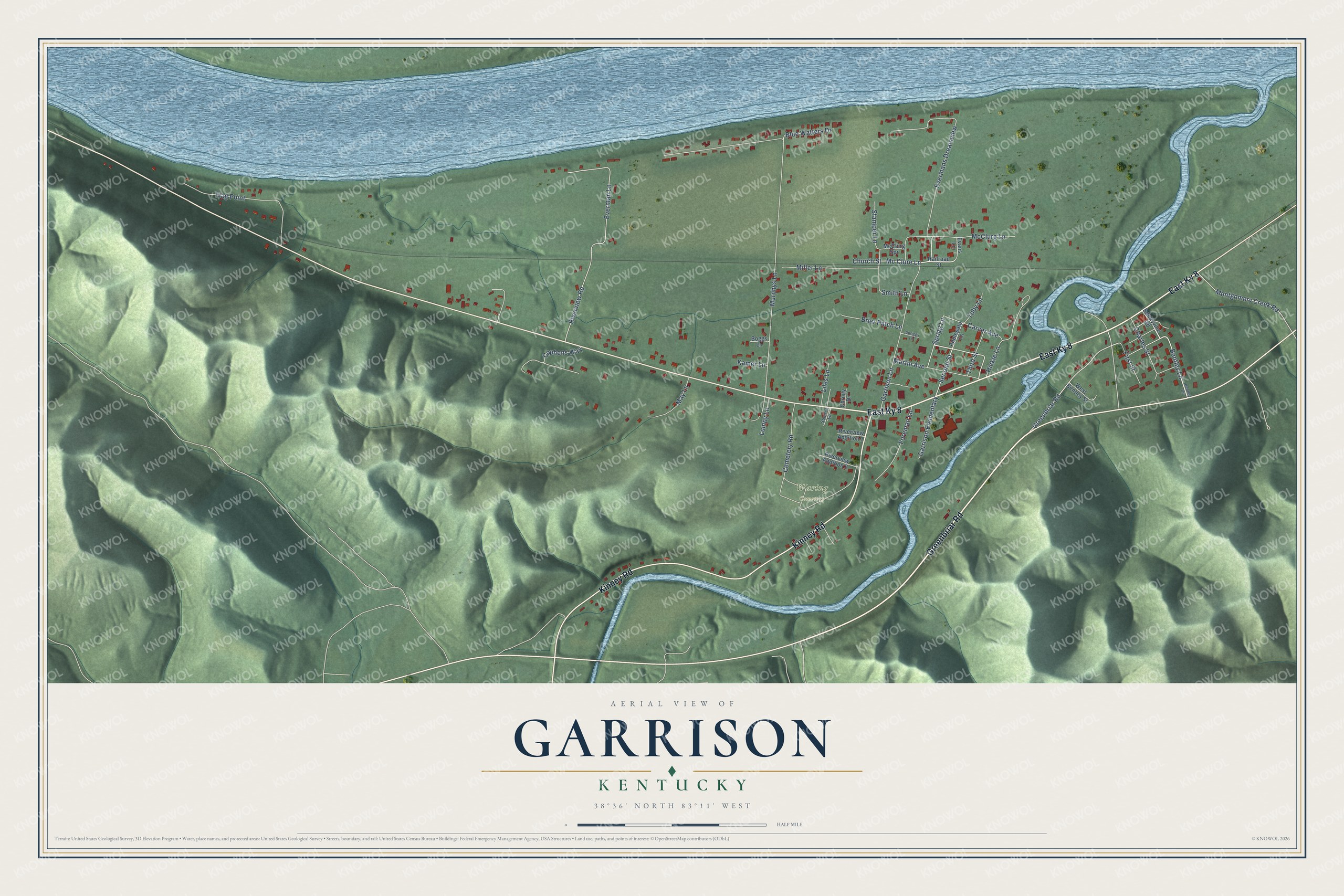 Full map of Garrison, Kentucky, with red buildings, printed street names and the land around them
