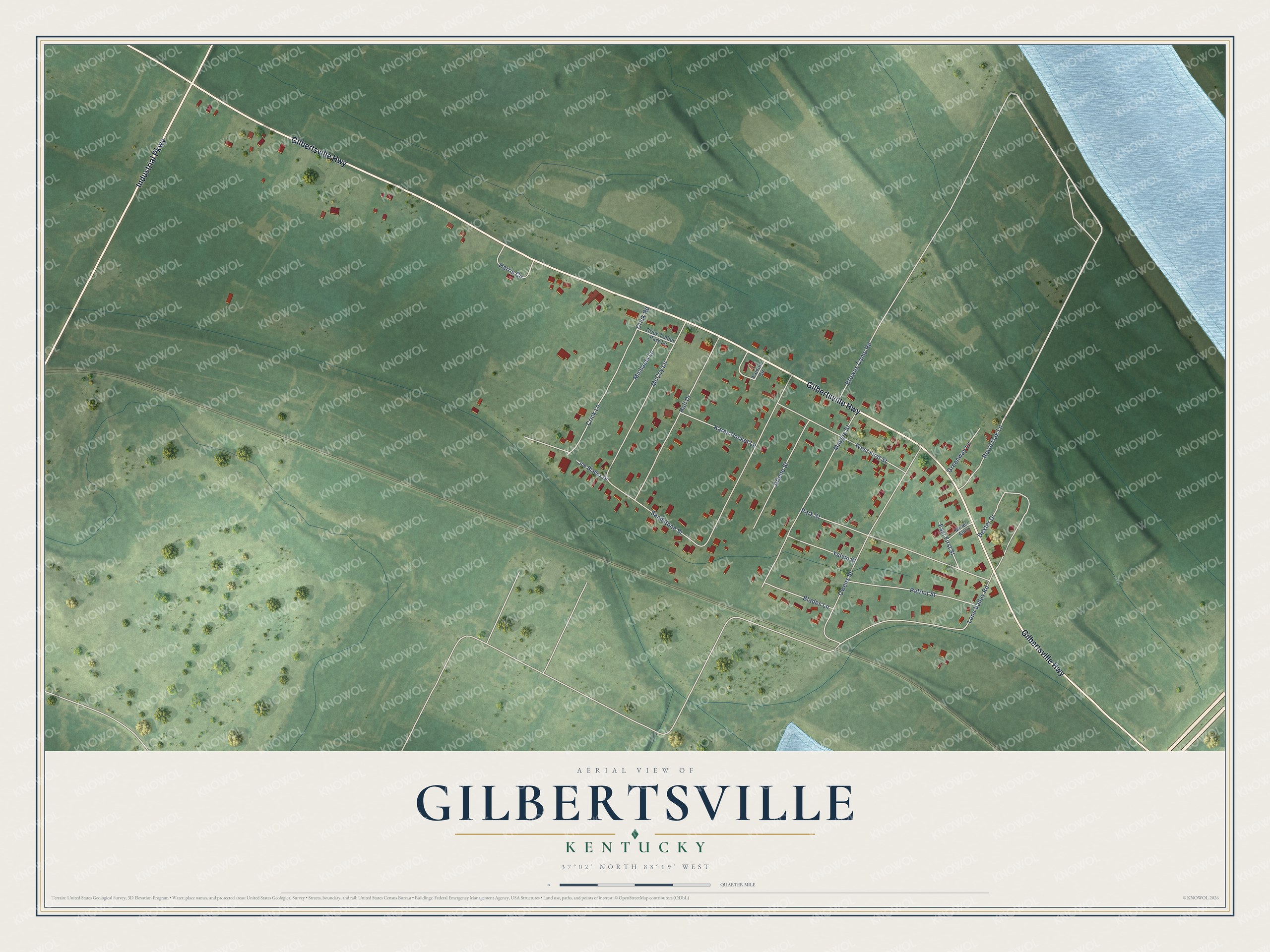 Full map of Gilbertsville, Kentucky, with red buildings, printed street names and the land around them