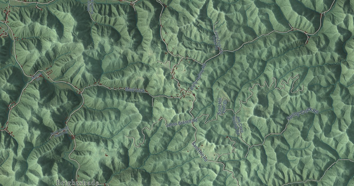 Close-up of streets and buildings in Goose Rock, Kentucky