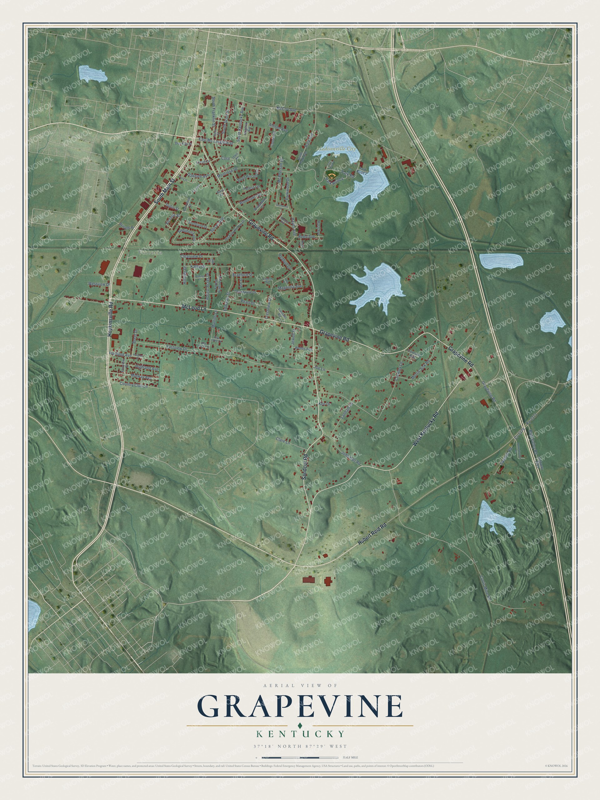 Full map of Grapevine, Kentucky, with red buildings, printed street names and the land around them