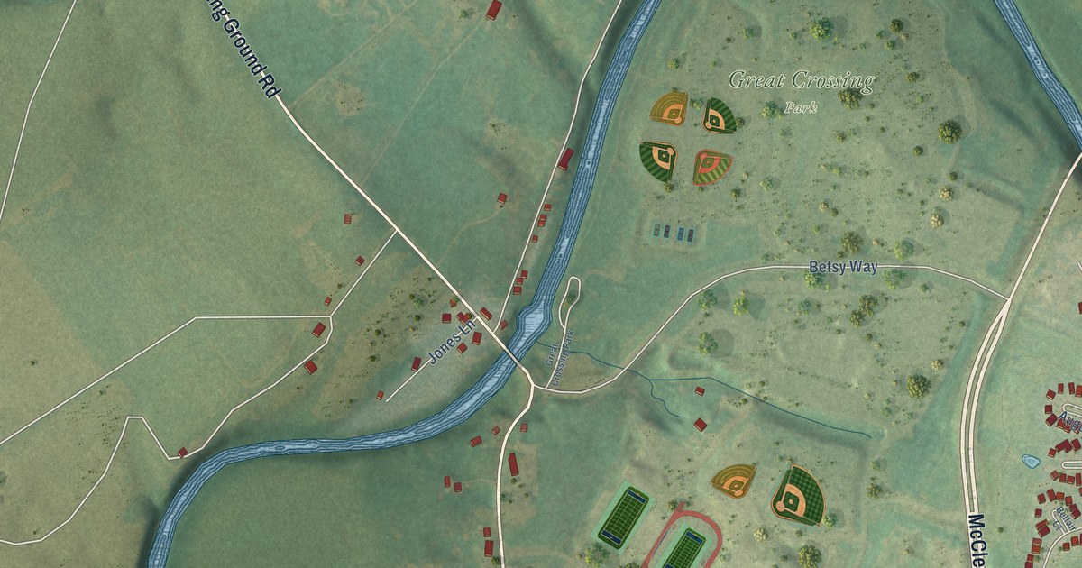 Close-up of streets and buildings in Great Crossing, Kentucky