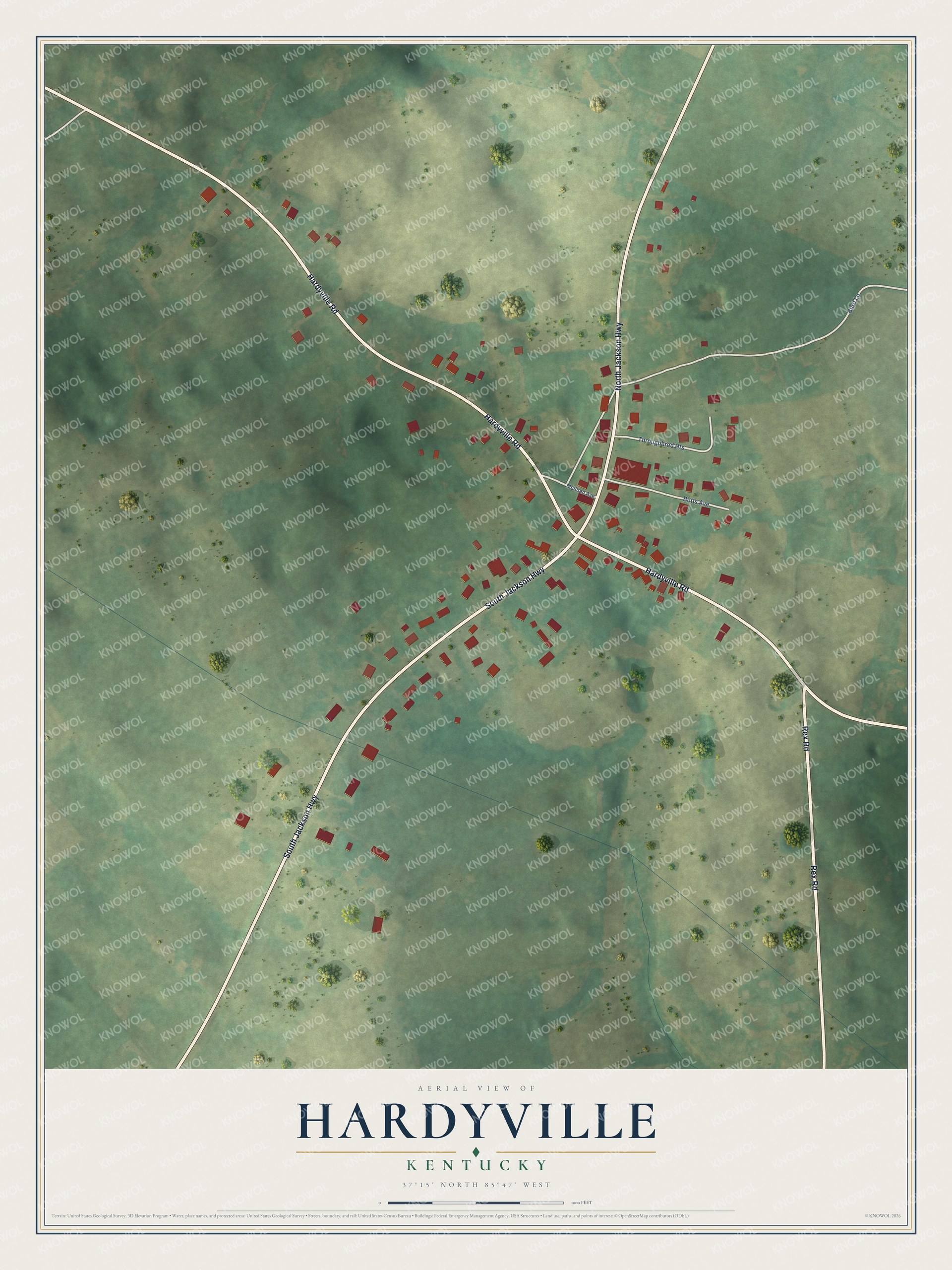 Full map of Hardyville, Kentucky, with red buildings, printed street names and the land around them