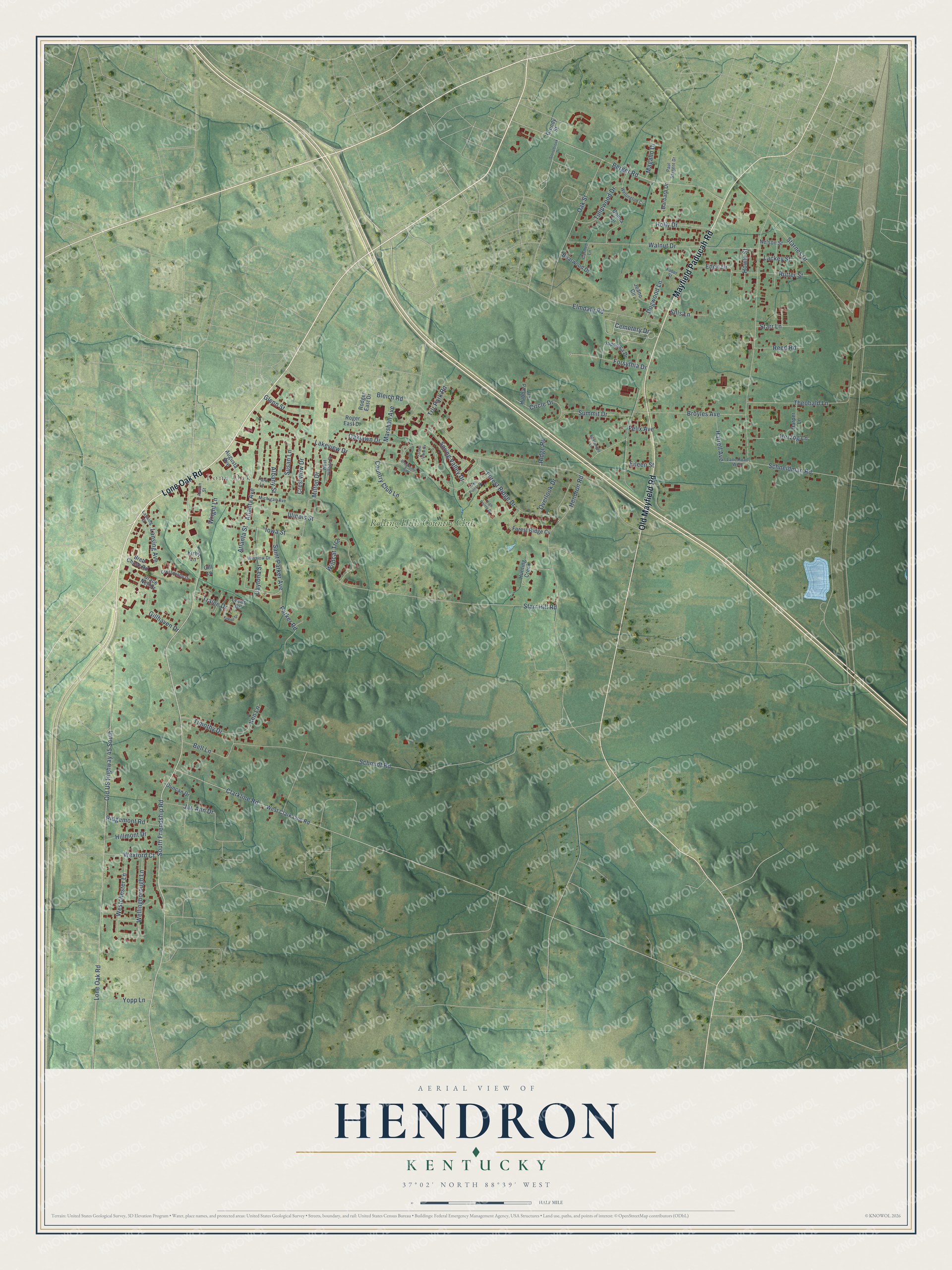 Full map of Hendron, Kentucky, with red buildings, printed street names and the land around them