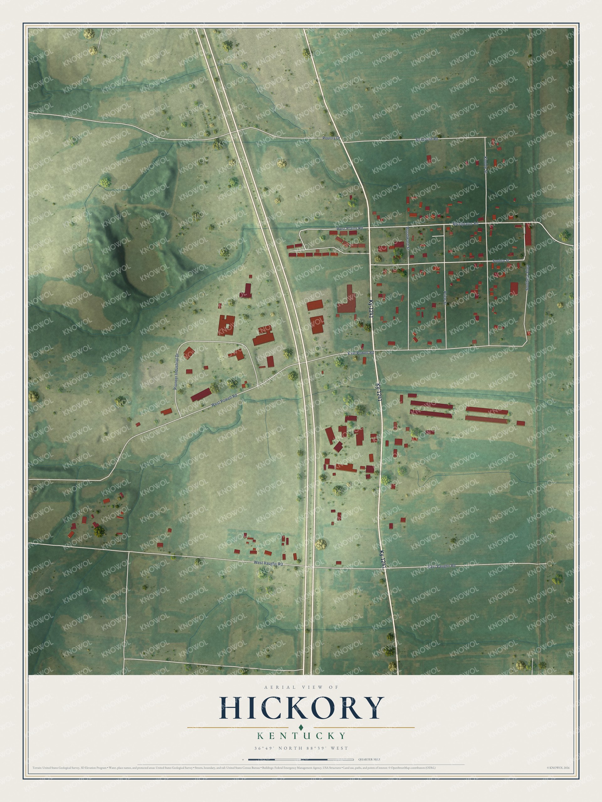 Full map of Hickory, Kentucky, with red buildings, printed street names and the land around them