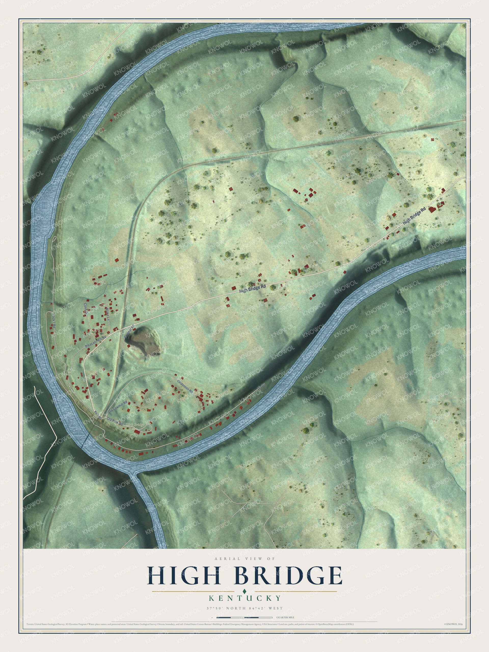 Full map of High Bridge, Kentucky, with red buildings, printed street names and the land around them