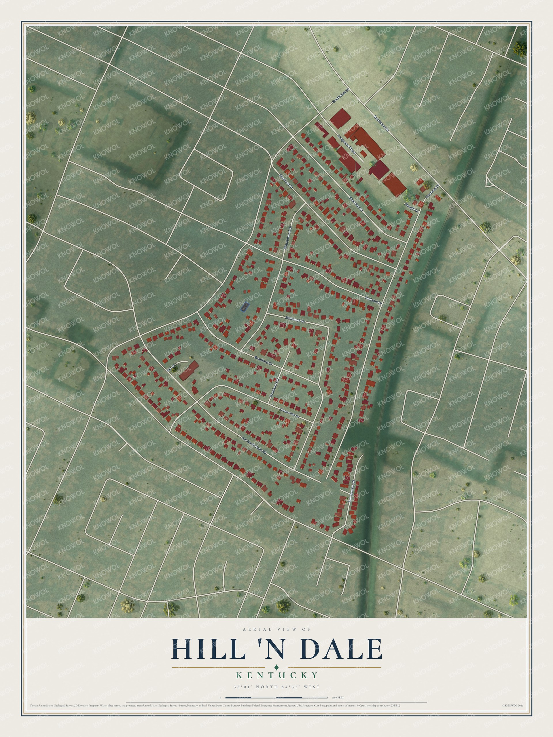 Full map of Hill 'n Dale, Kentucky, with red buildings, printed street names and the land around them