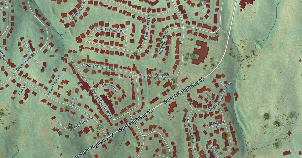 Close-up of streets and buildings in Hillcrest, Kentucky