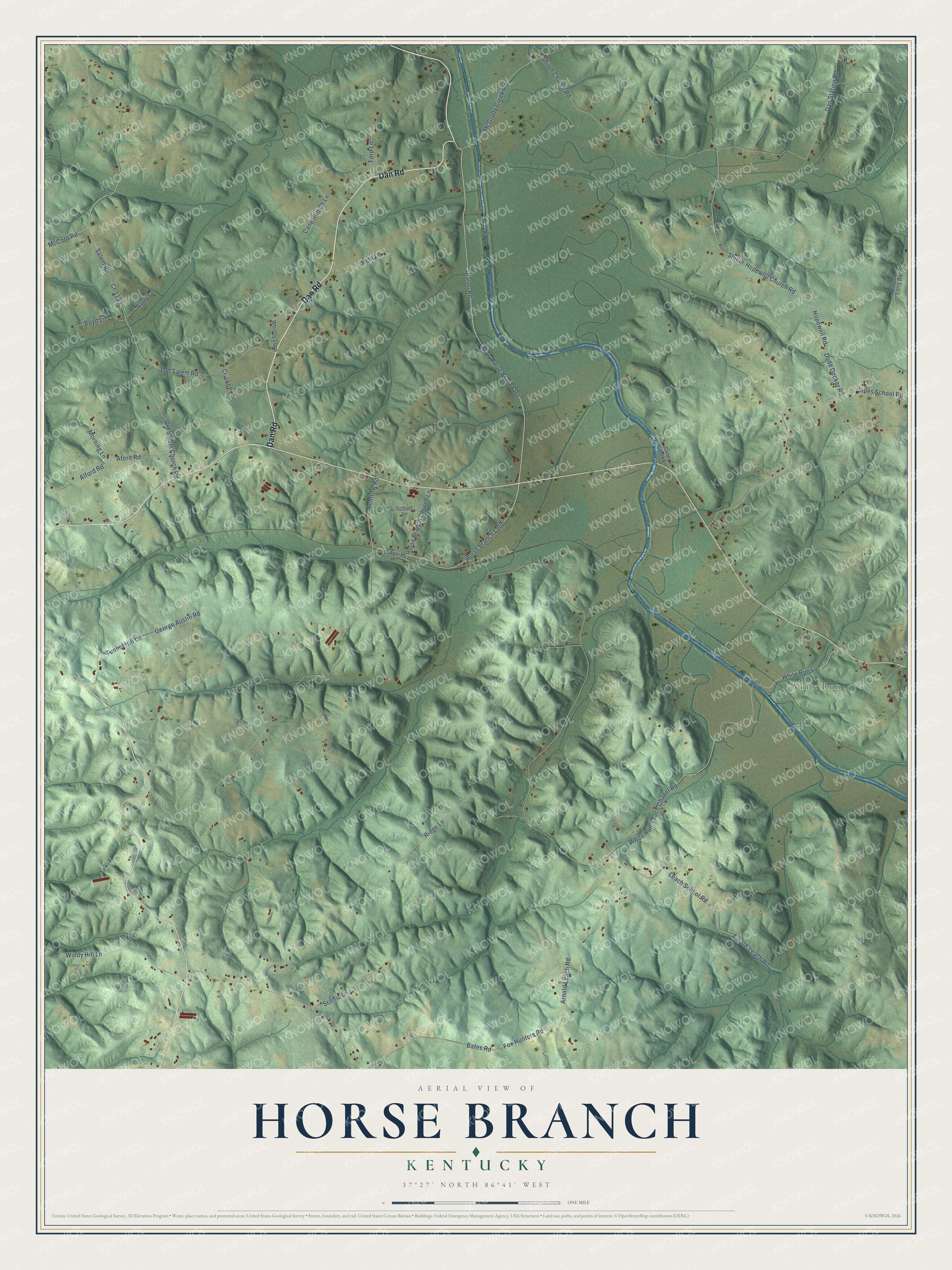 Full map of Horse Branch, Kentucky, with red buildings, printed street names and the land around them