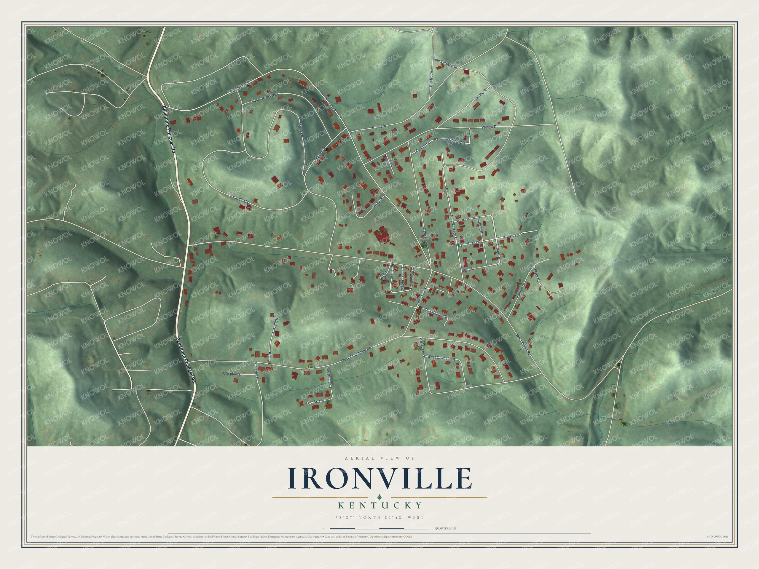 Full map of Ironville, Kentucky, with red buildings, printed street names and the land around them