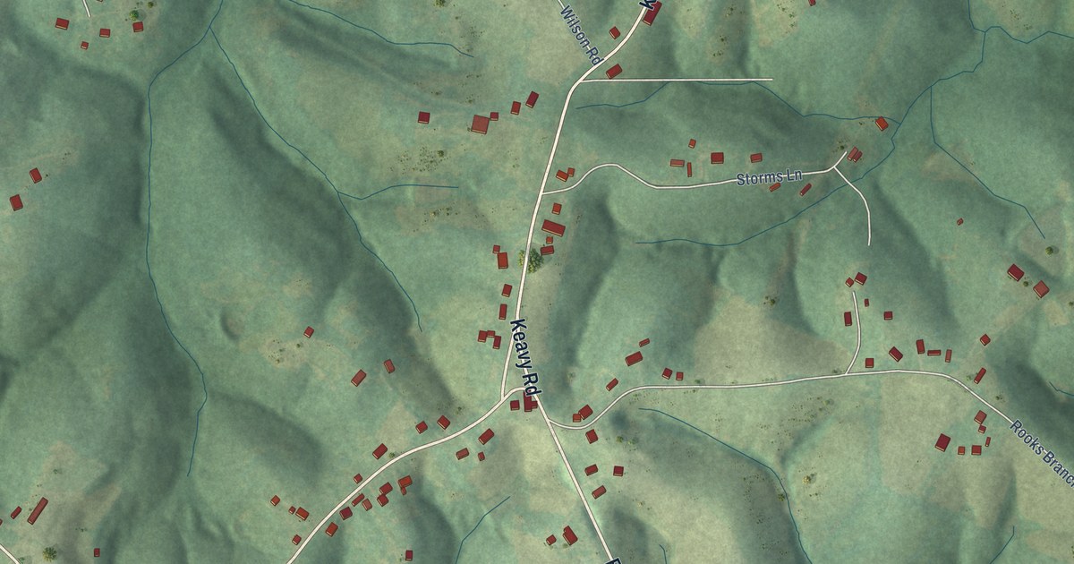 Close-up of streets and buildings in Keavy, Kentucky