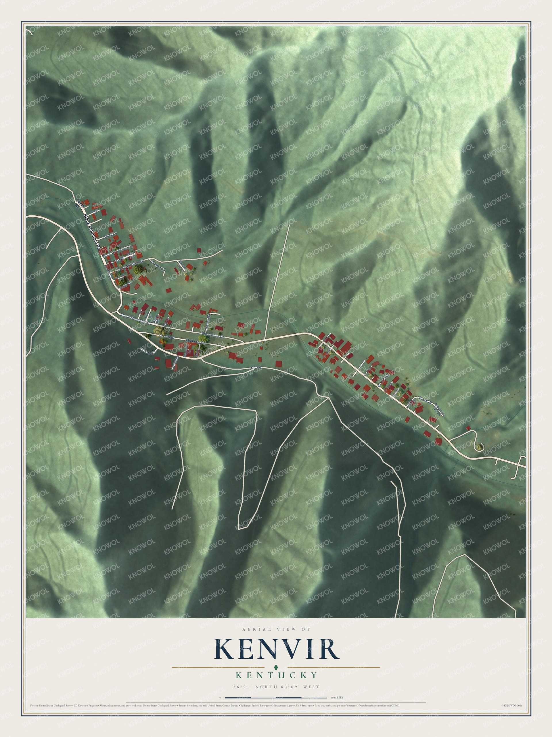 Full map of Kenvir, Kentucky, with red buildings, printed street names and the land around them