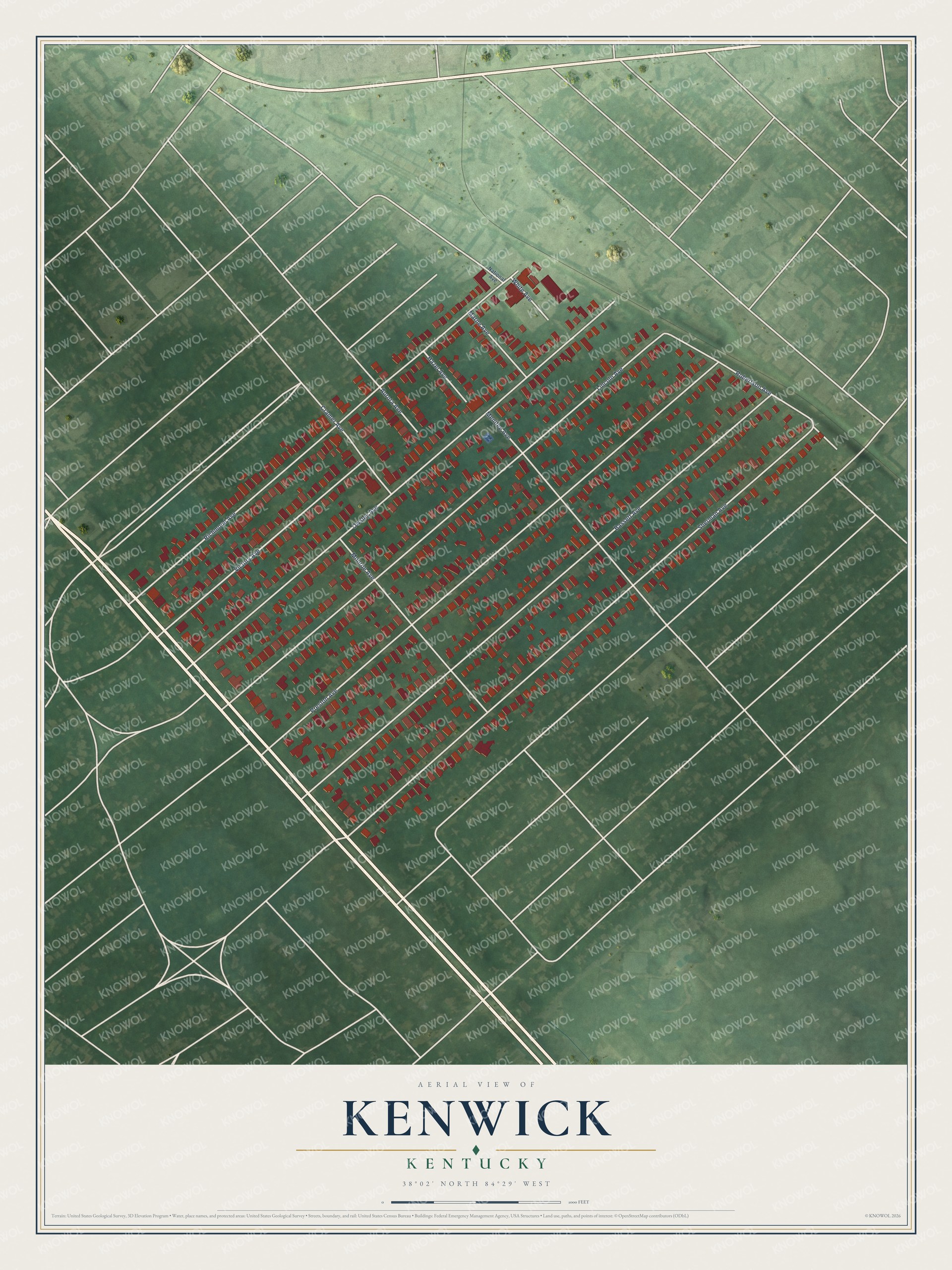 Full map of Kenwick, Kentucky, with red buildings, printed street names and the land around them