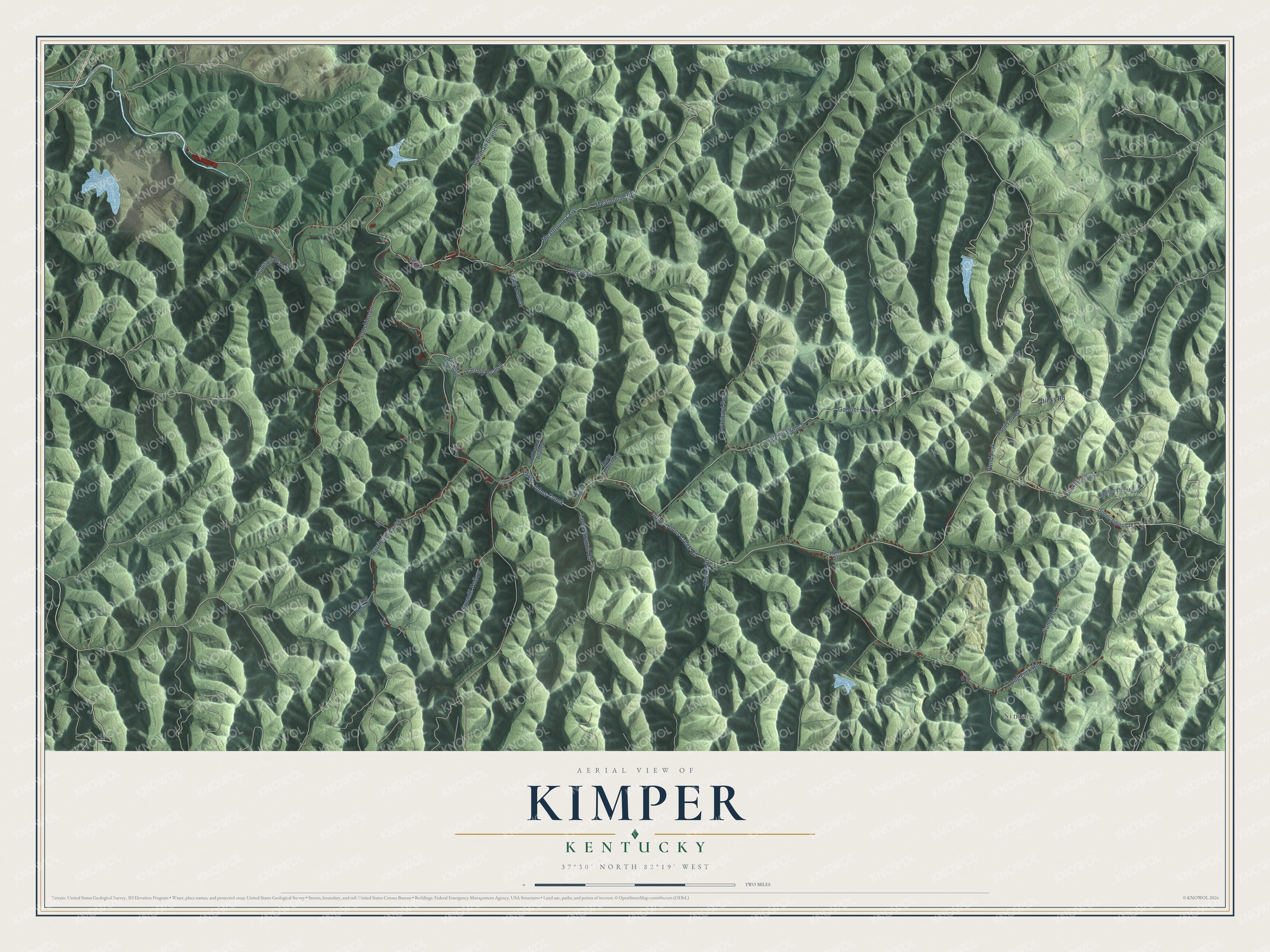 Full map of Kimper, Kentucky, with red buildings, printed street names and the land around them