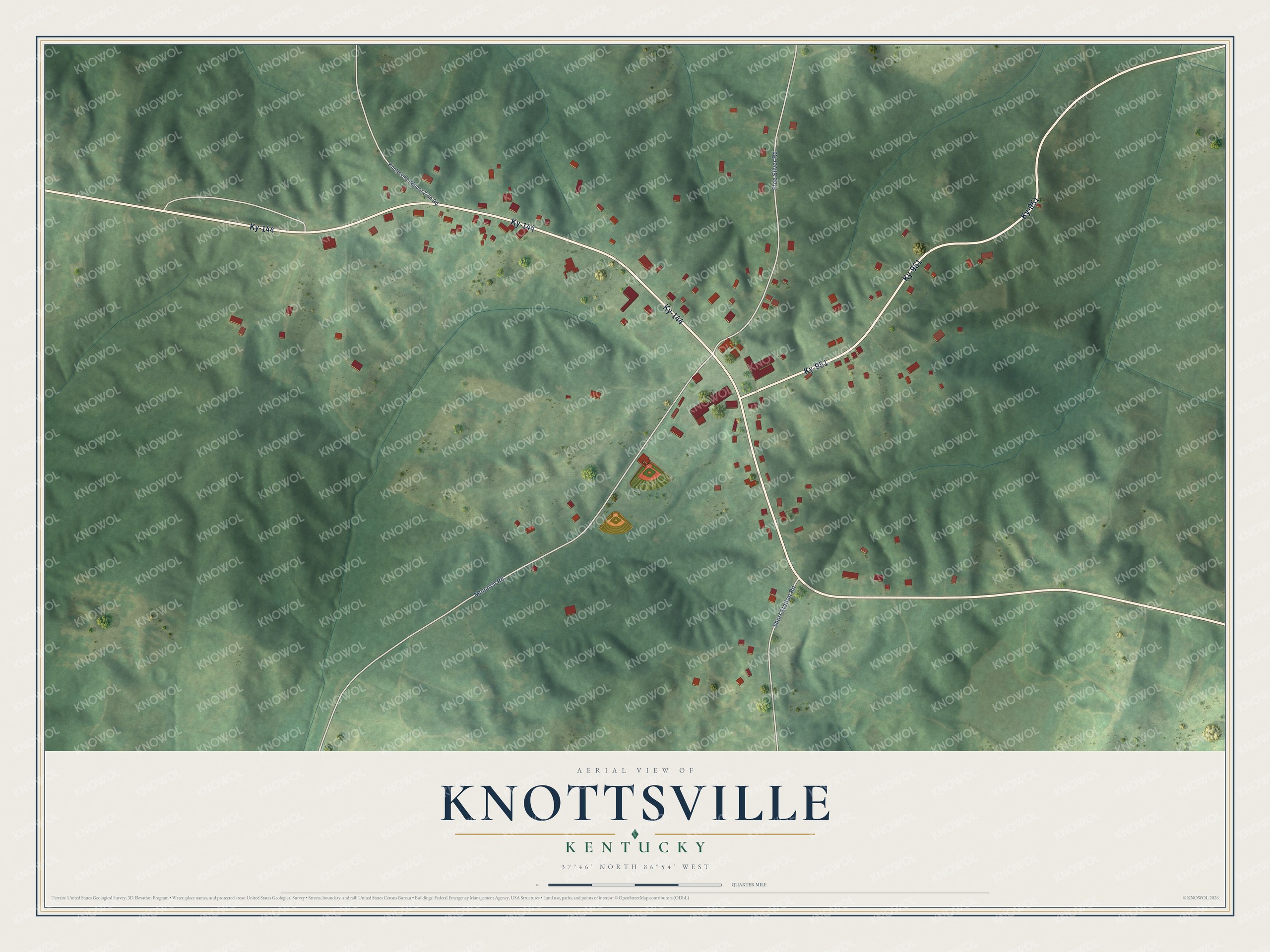 Full map of Knottsville, Kentucky, with red buildings, printed street names and the land around them