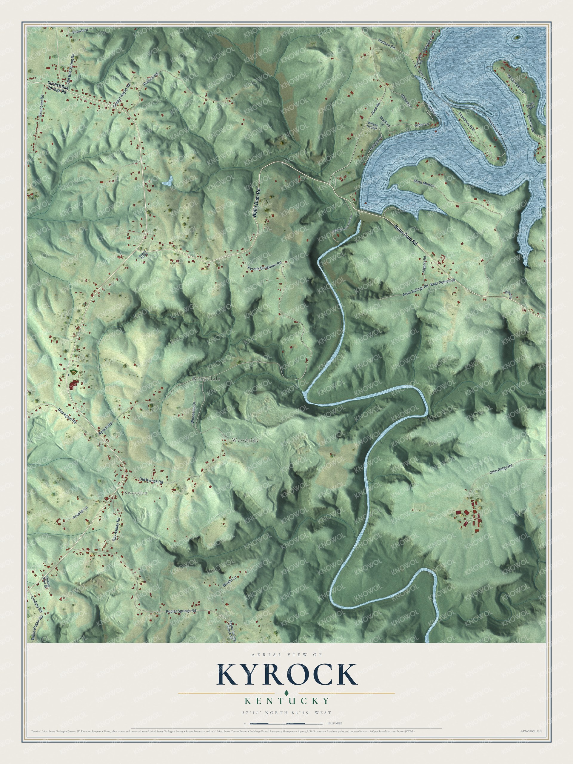 Full map of Kyrock, Kentucky, with red buildings, printed street names and the land around them