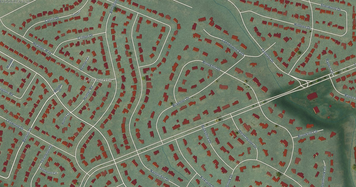 Close-up of streets and buildings in Lansdowne, Kentucky