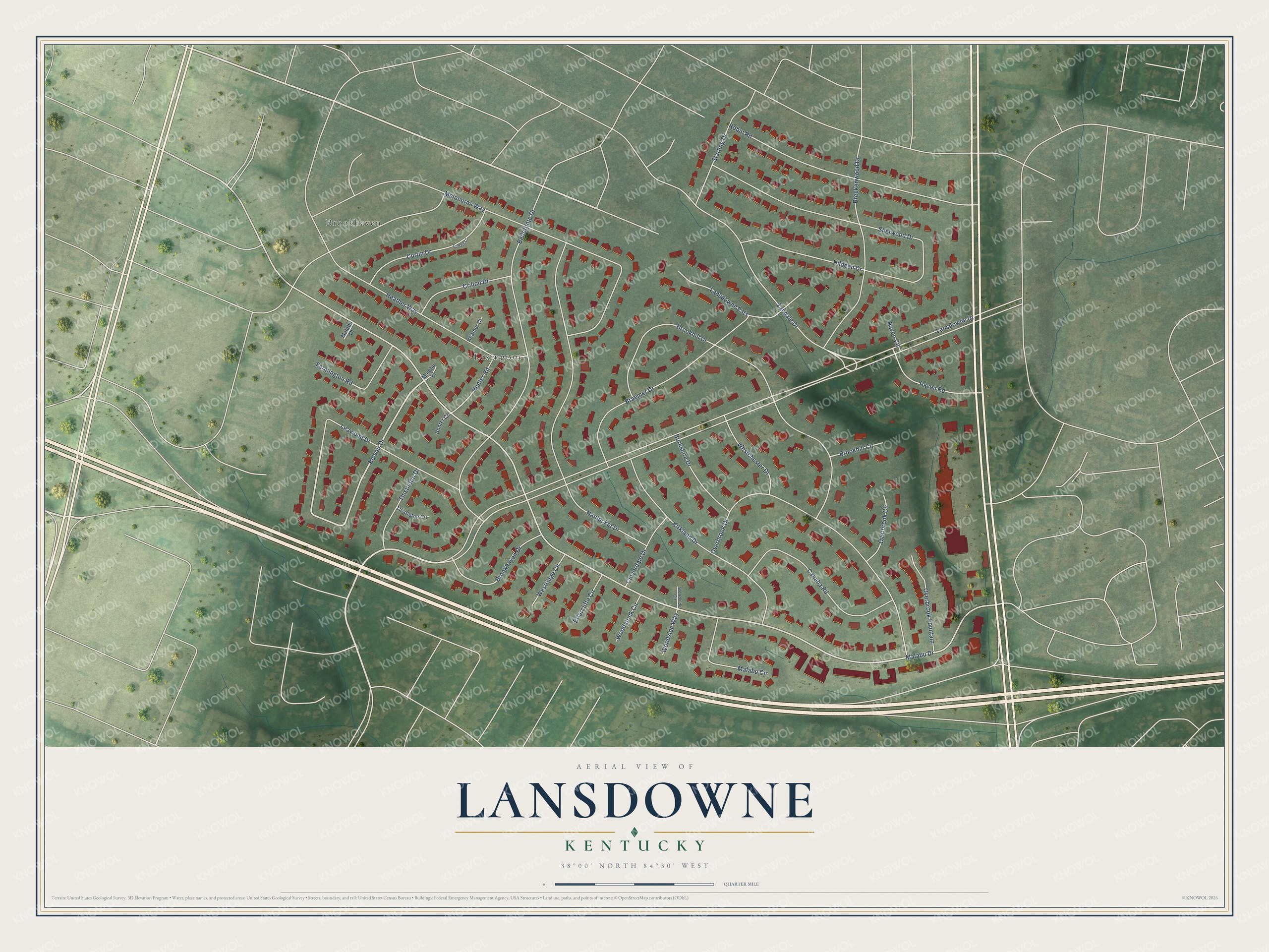 Full map of Lansdowne, Kentucky, with red buildings, printed street names and the land around them