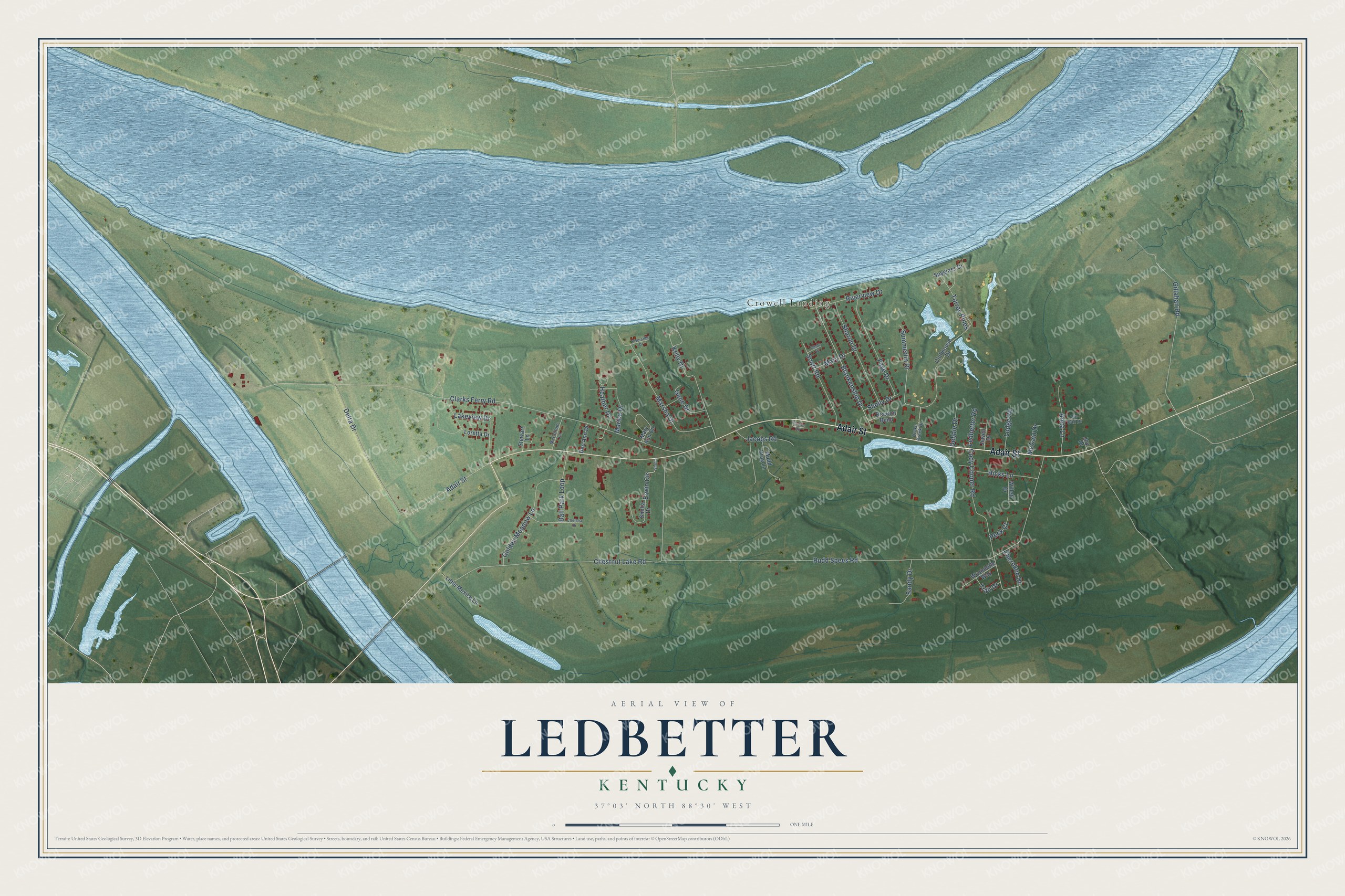 Full map of Ledbetter, Kentucky, with red buildings, printed street names and the land around them