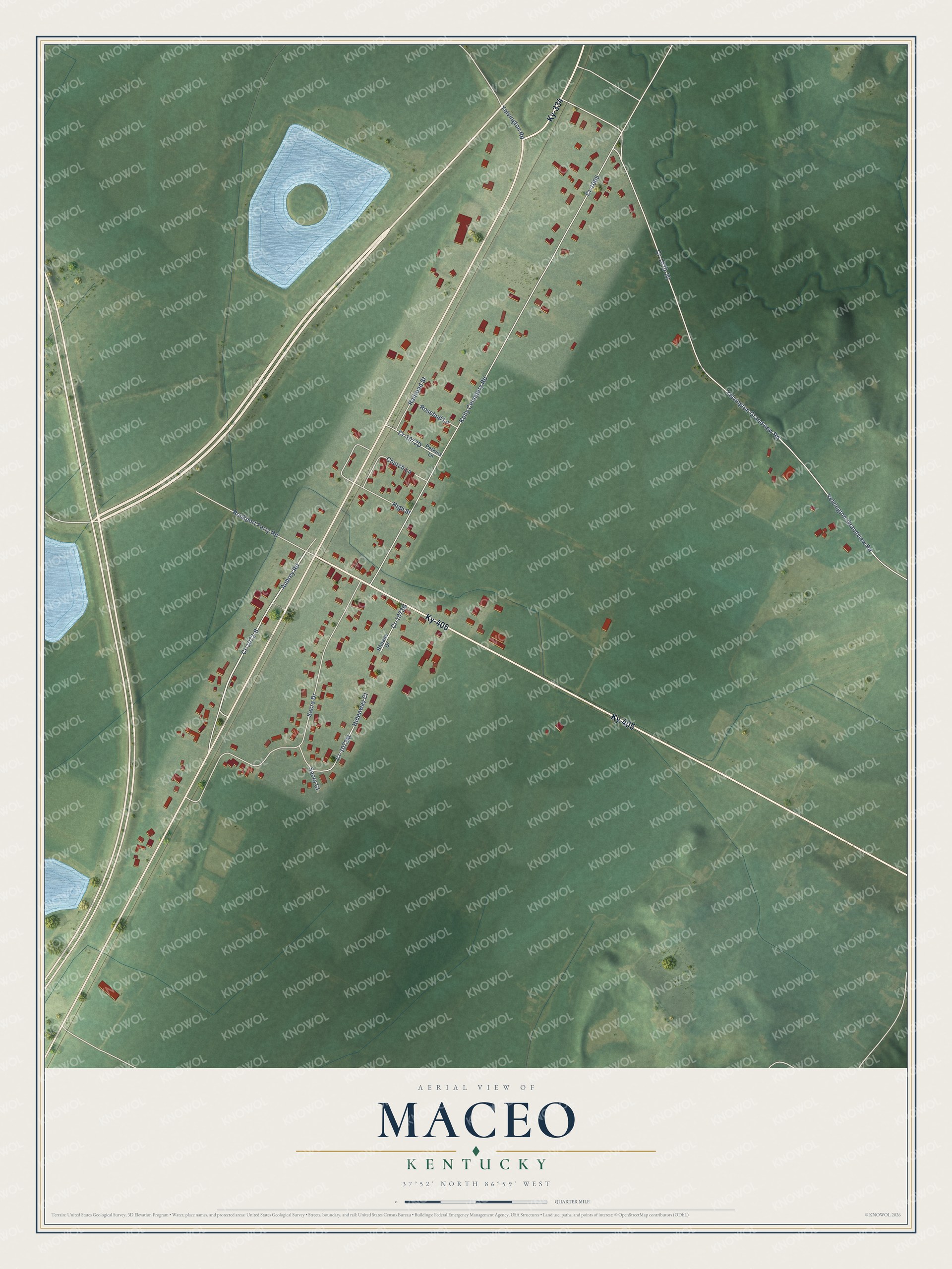 Full map of Maceo, Kentucky, with red buildings, printed street names and the land around them